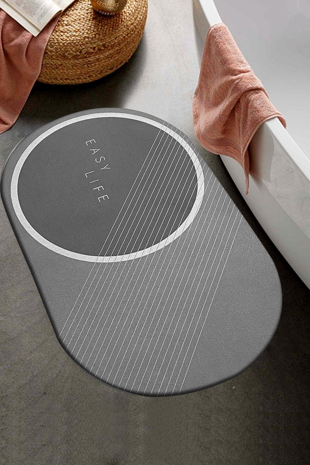 Else Dekor Easy Life Gray White Patterned Shower Front Bathroom Carpet Doormat Closet One Piece Oval 40x60cm - Swordslife