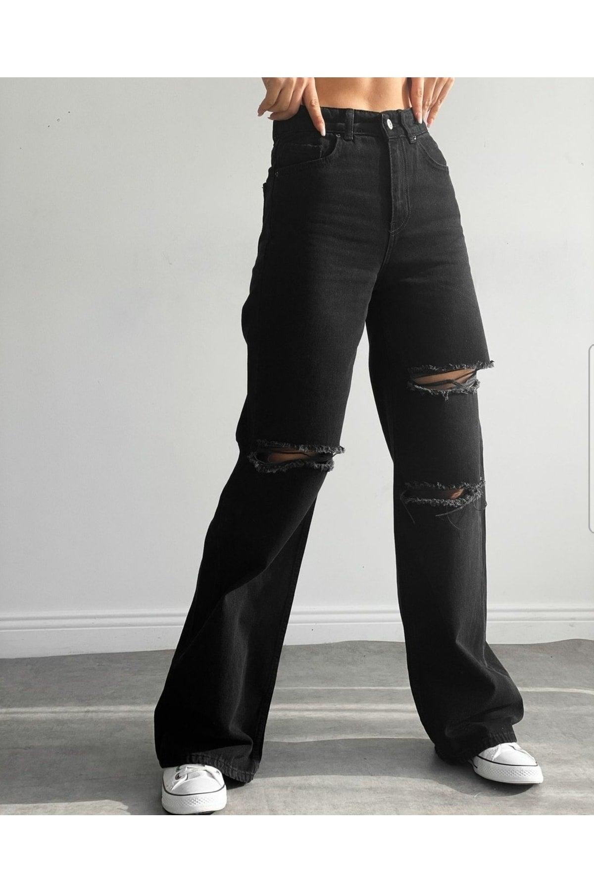 Hot Women Lycra Loose Women Black Ripped Super High Waist Wide Leg Denim Jeans Pants - Swordslife