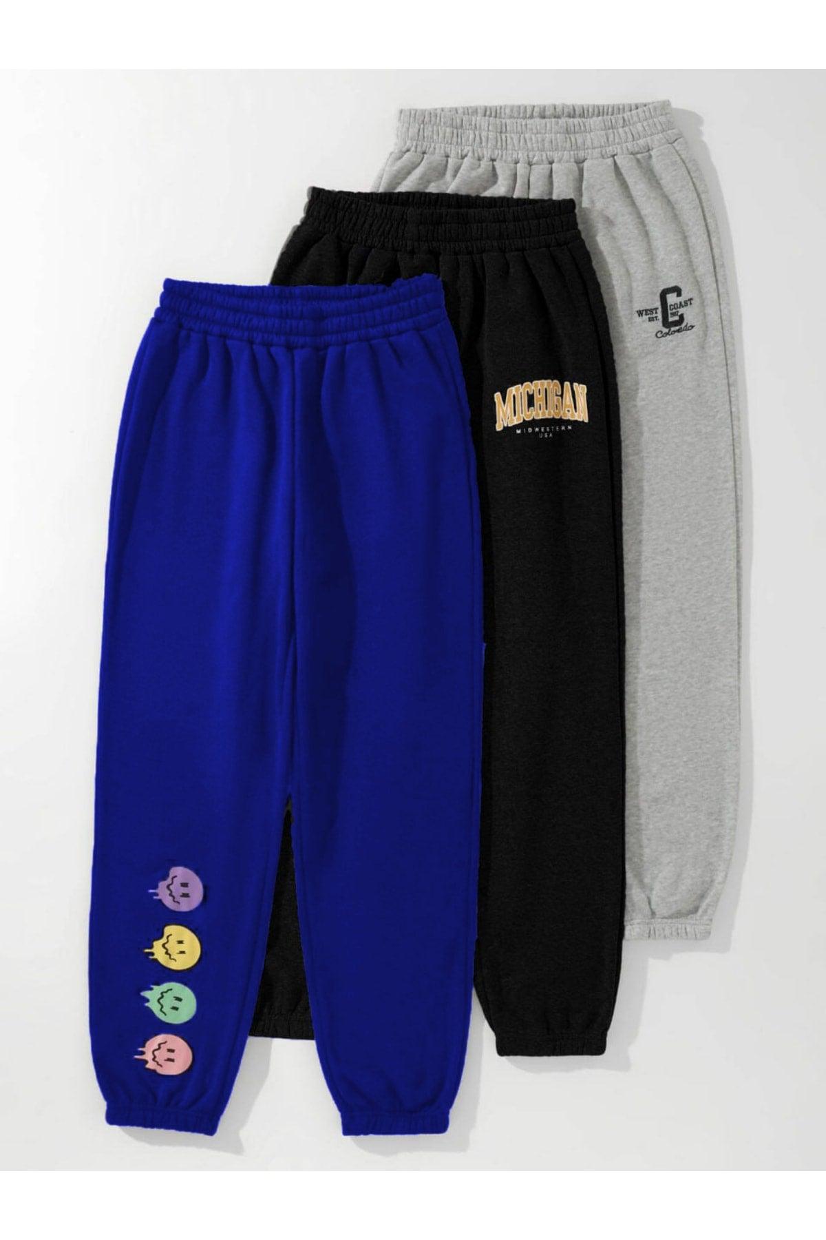 3-pack Logo Pattern Printed Jogger Sweatpants - Saxe Blue, Black And Grey, Elastic Legs, Summer - Swordslife