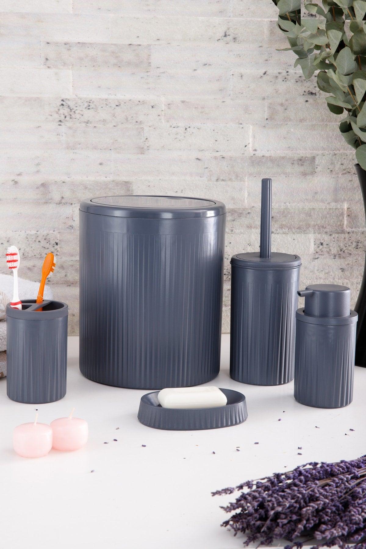 Gray Striped Round 5 Pcs Bathroom Set 5 Pieces Dustbin Wc Brush Liquid Solid Soap Dispenser Brush Holder Set - Swordslife