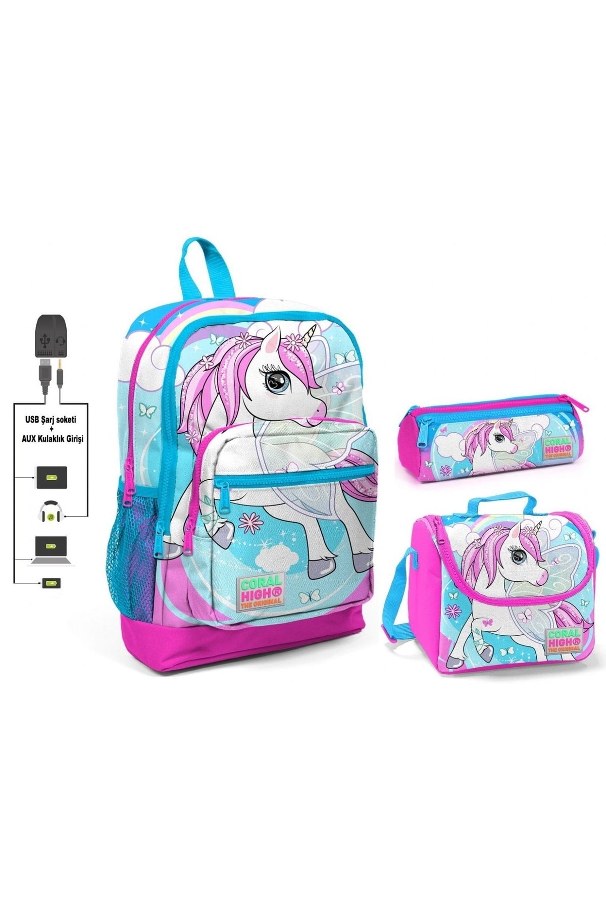 Unicorn Printed Girls' Primary School Bag Set - Usb Output