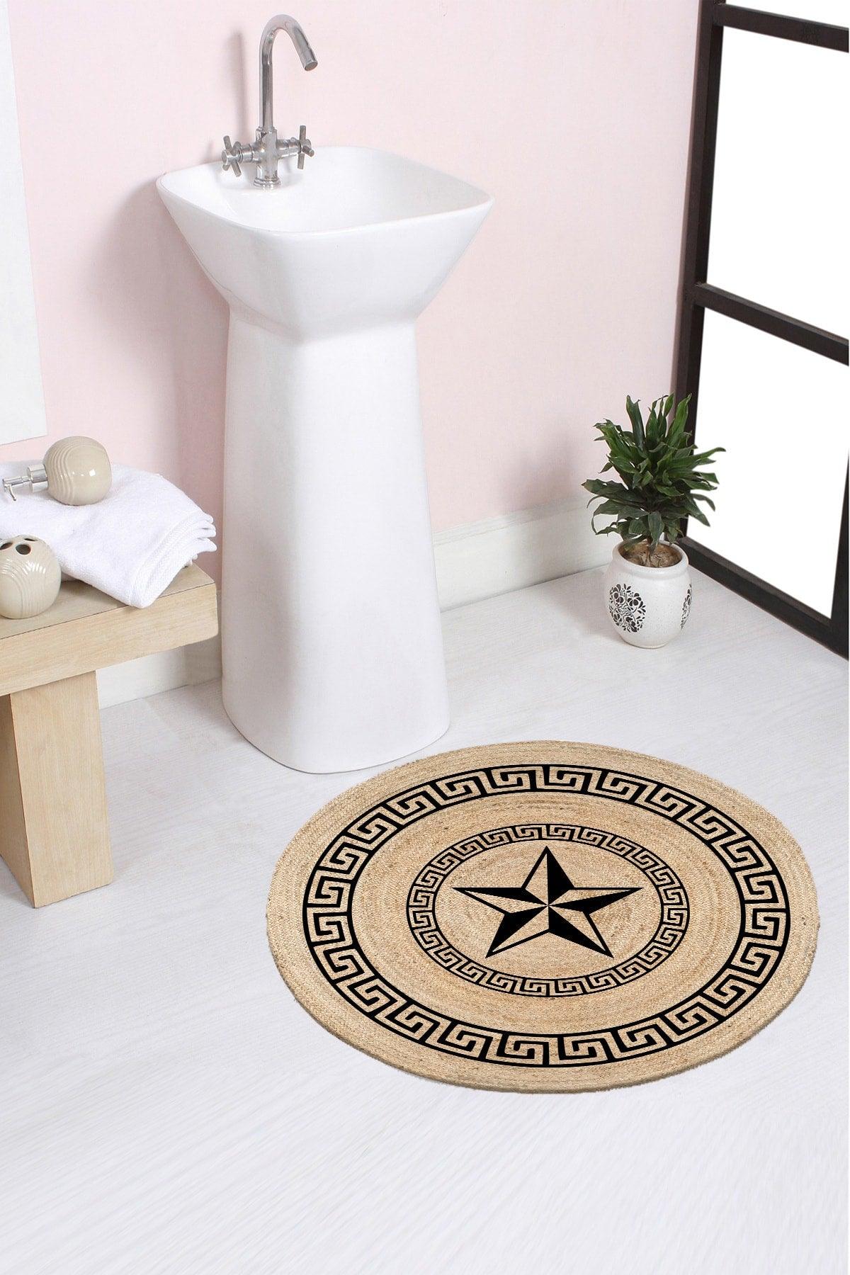 Star Patterned Rope Straw Jute Knit Round Carpet Bath Mat 80x80cm - Swordslife