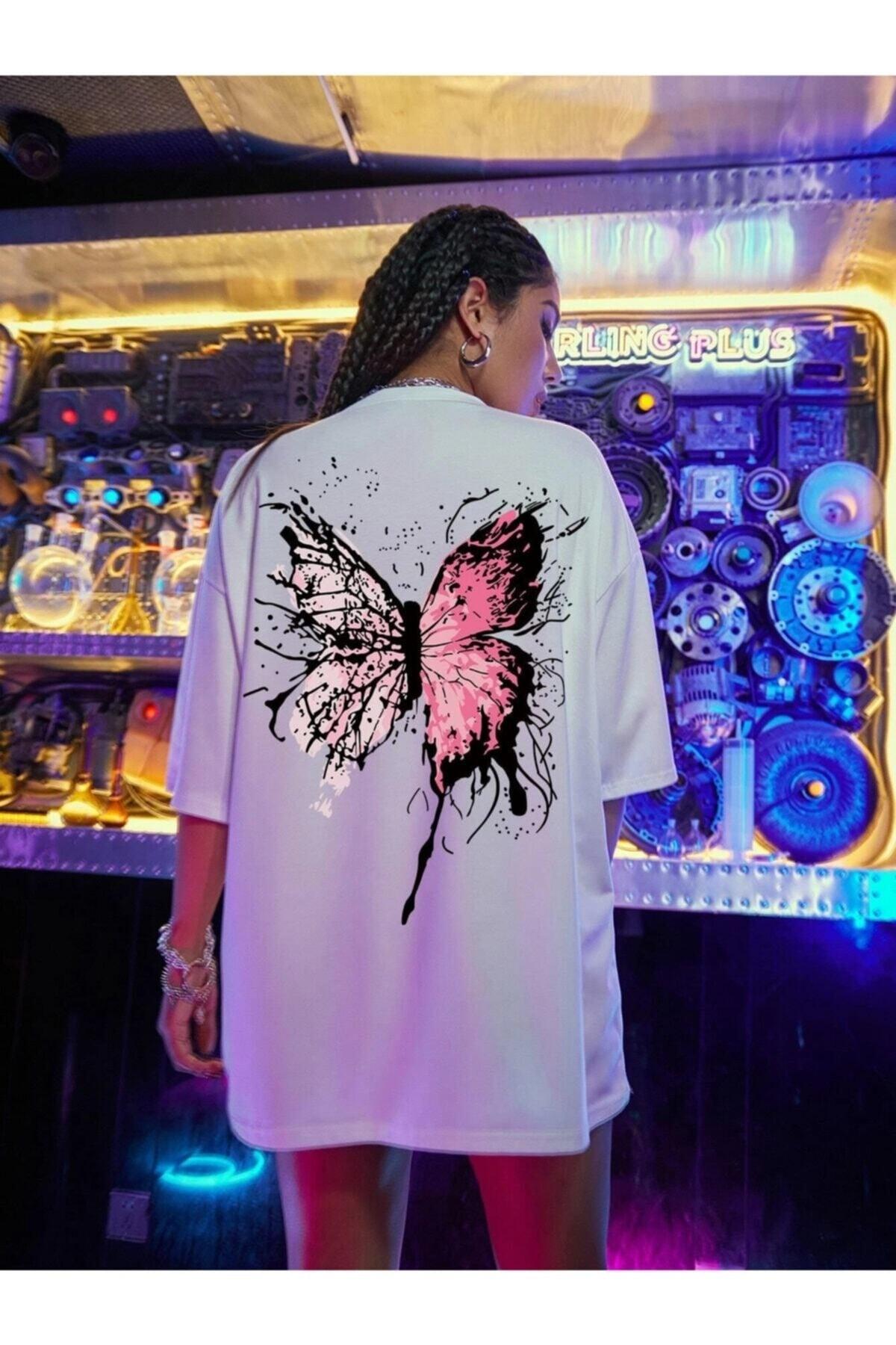 White Butterfly Printed Oversized Combed Cotton T-shirt - Swordslife