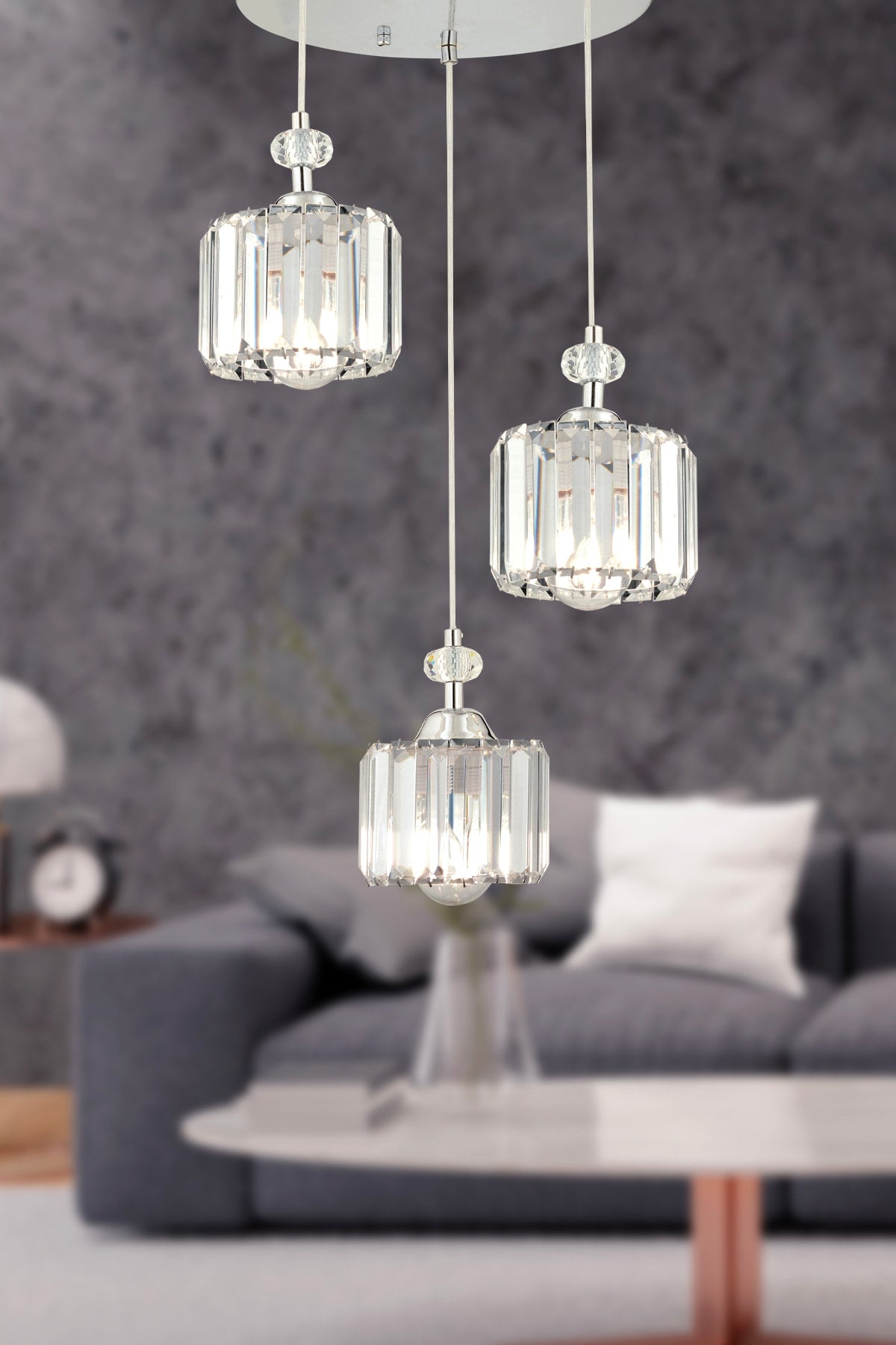 Saka 3-Piece Round Pendant Lamp with Chrome Crystal, Stone Modern Design Crystal Living Room Pendant Lamp Chandelier