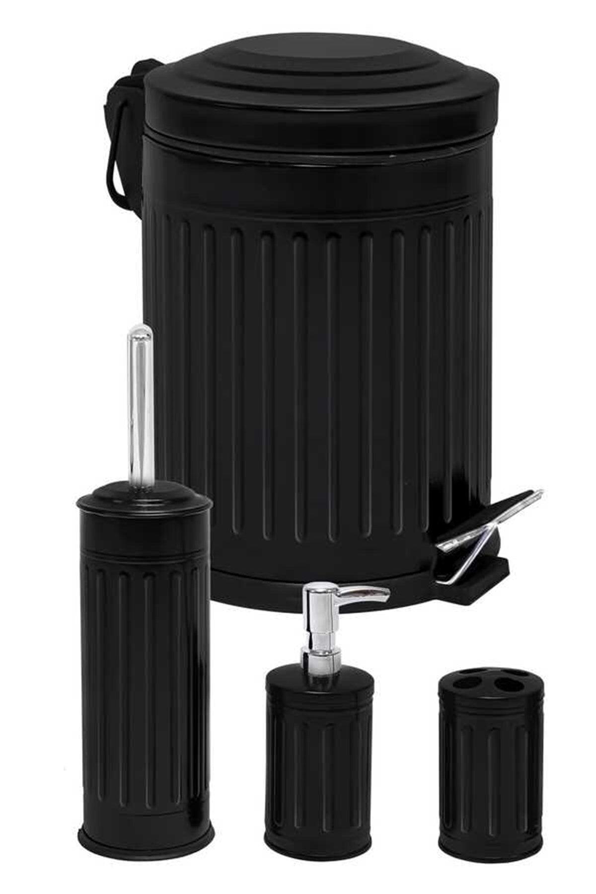 5 Lt Vintage Series Shock Absorber Covered 4 Pcs Bathroom Set Black Waste Bin - Swordslife