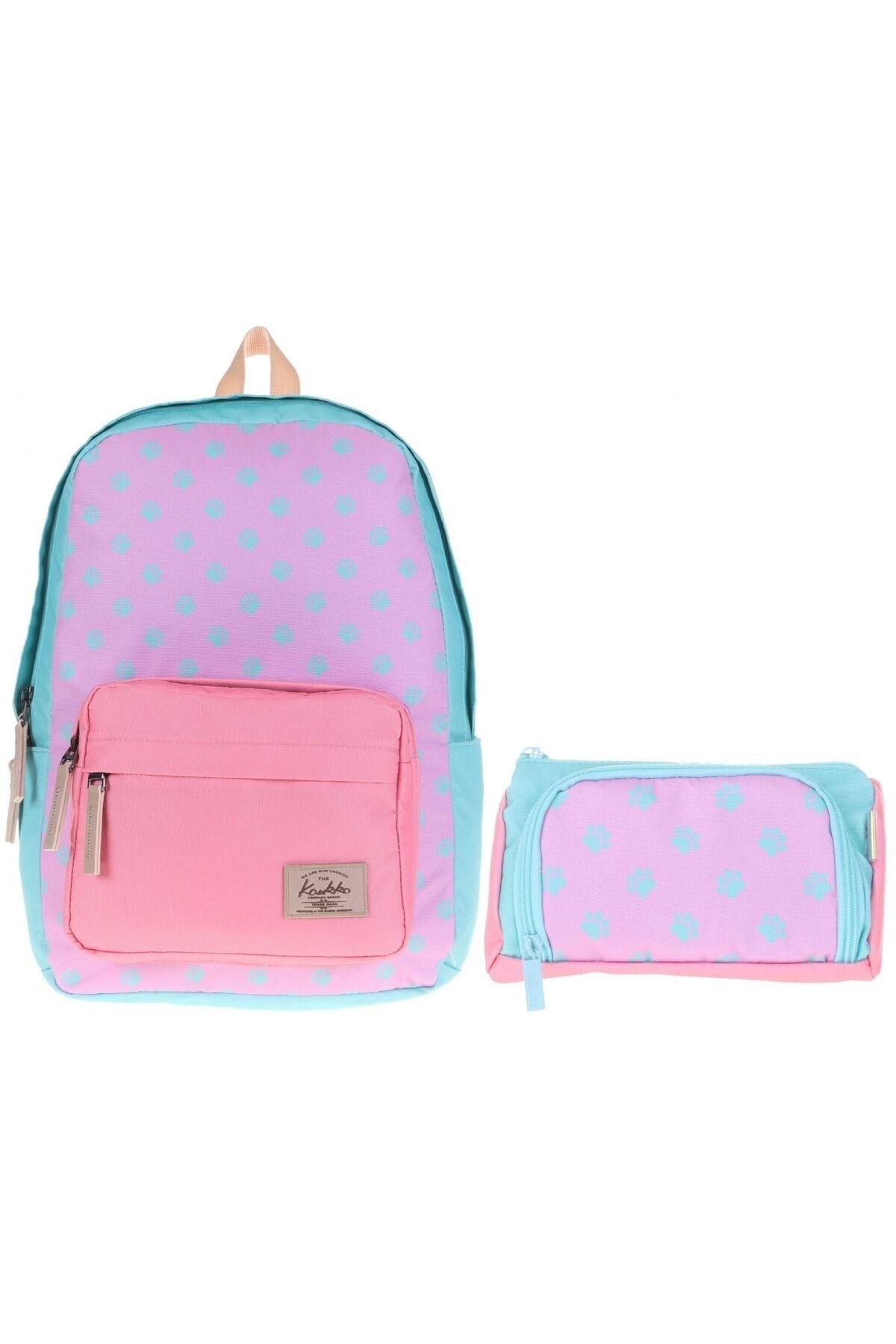 Green Pink Paws Primary School Middle School Bag and Pencil Holder Set - Girls