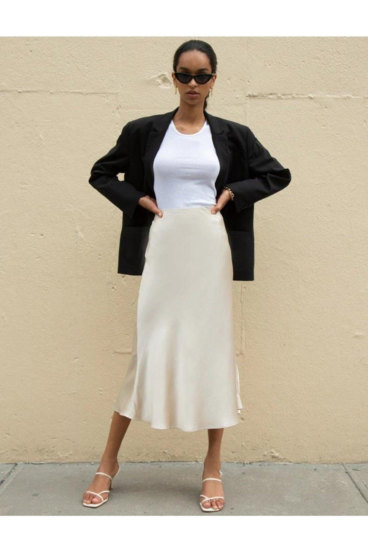 Beige Satin Midi Skirt - Swordslife