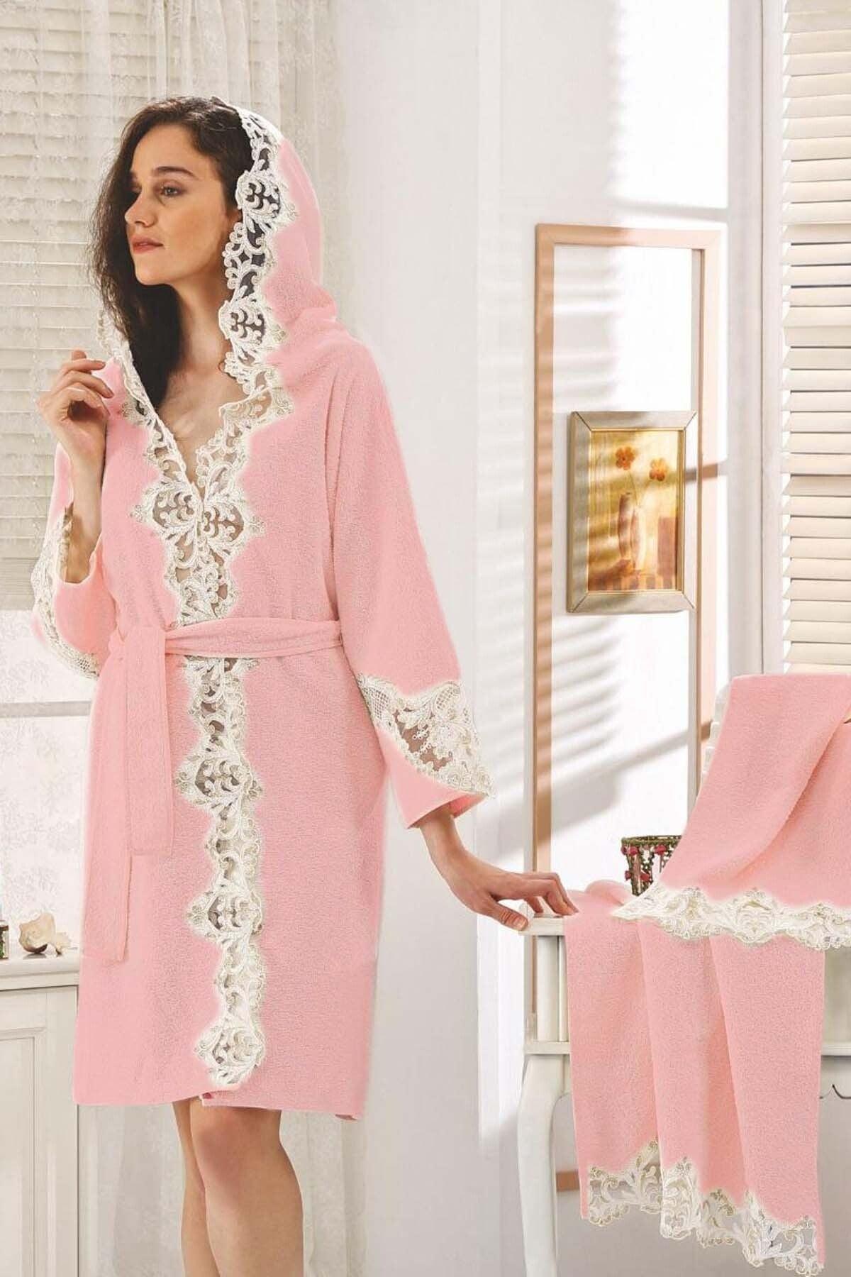 Rose Powder Women's French Lace Honeymoon Dowry Fancy Turkish Bath Robe Set - Swordslife