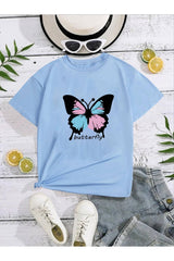 Crew Neck New Butterfly Printed Girl's T-Shirt