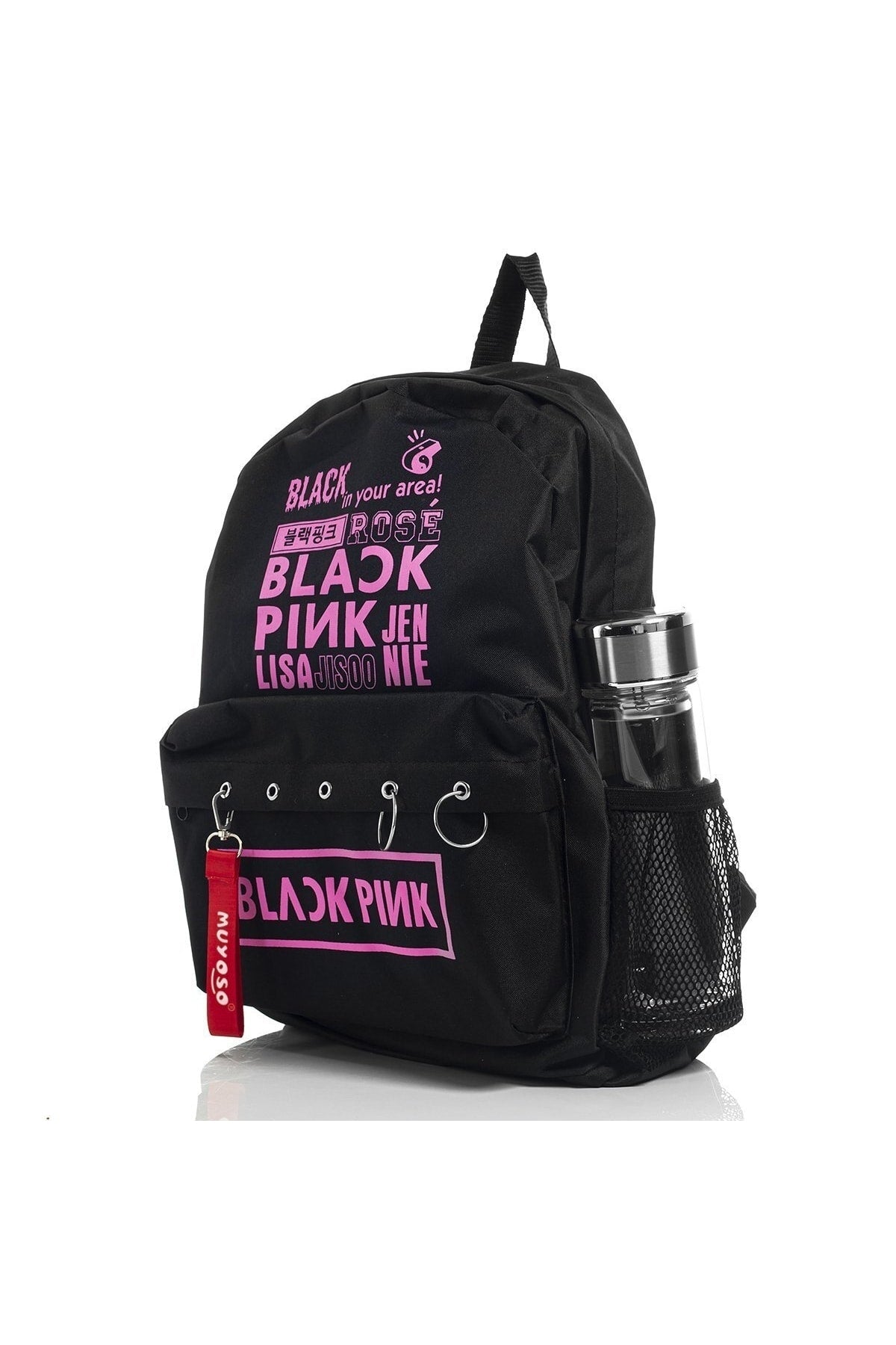 Black Pink Printed Laptop Backpack with Piercing