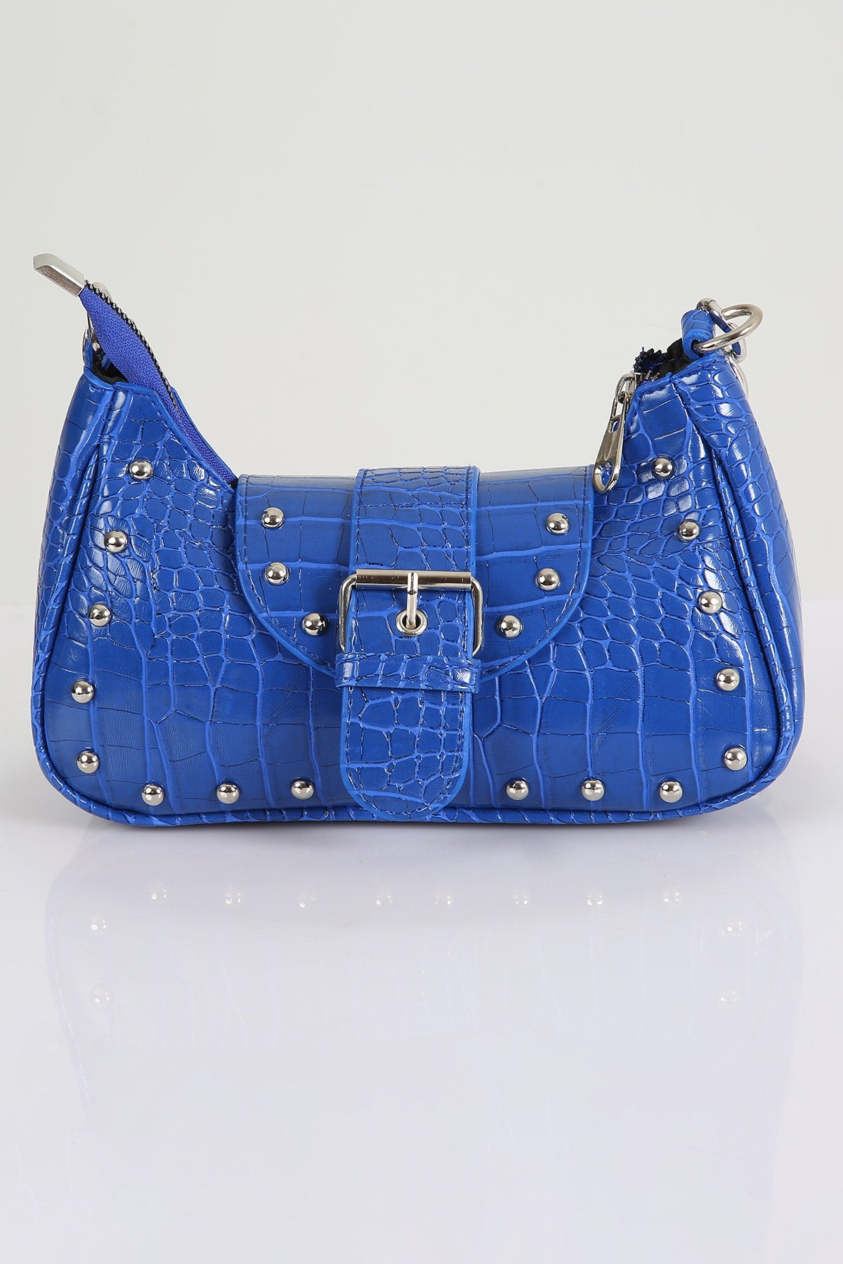 Bony Staple Crocodile Patterned Blue Handle Bag