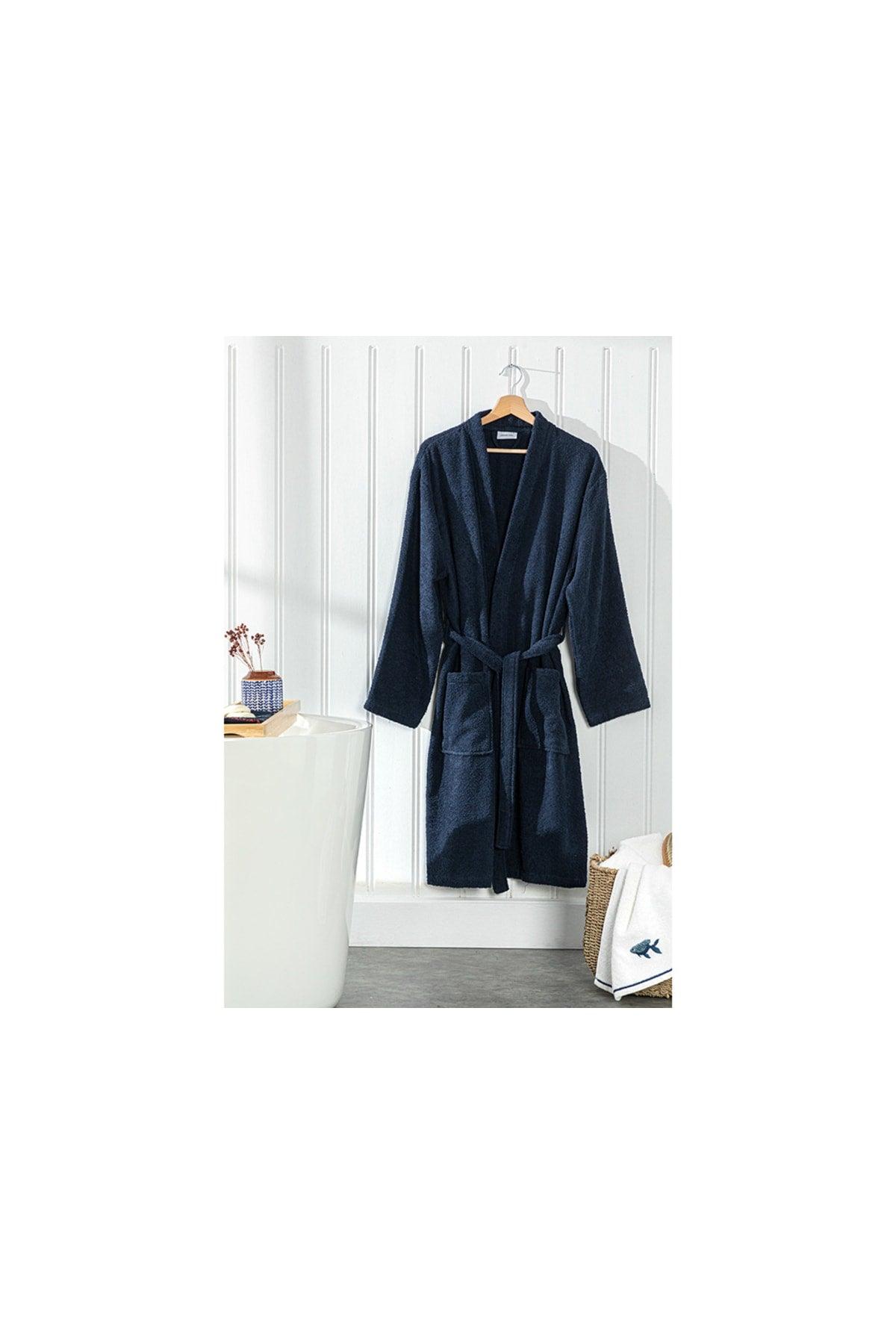 Plain Cotton Bathrobe L-XL Navy Blue - Swordslife