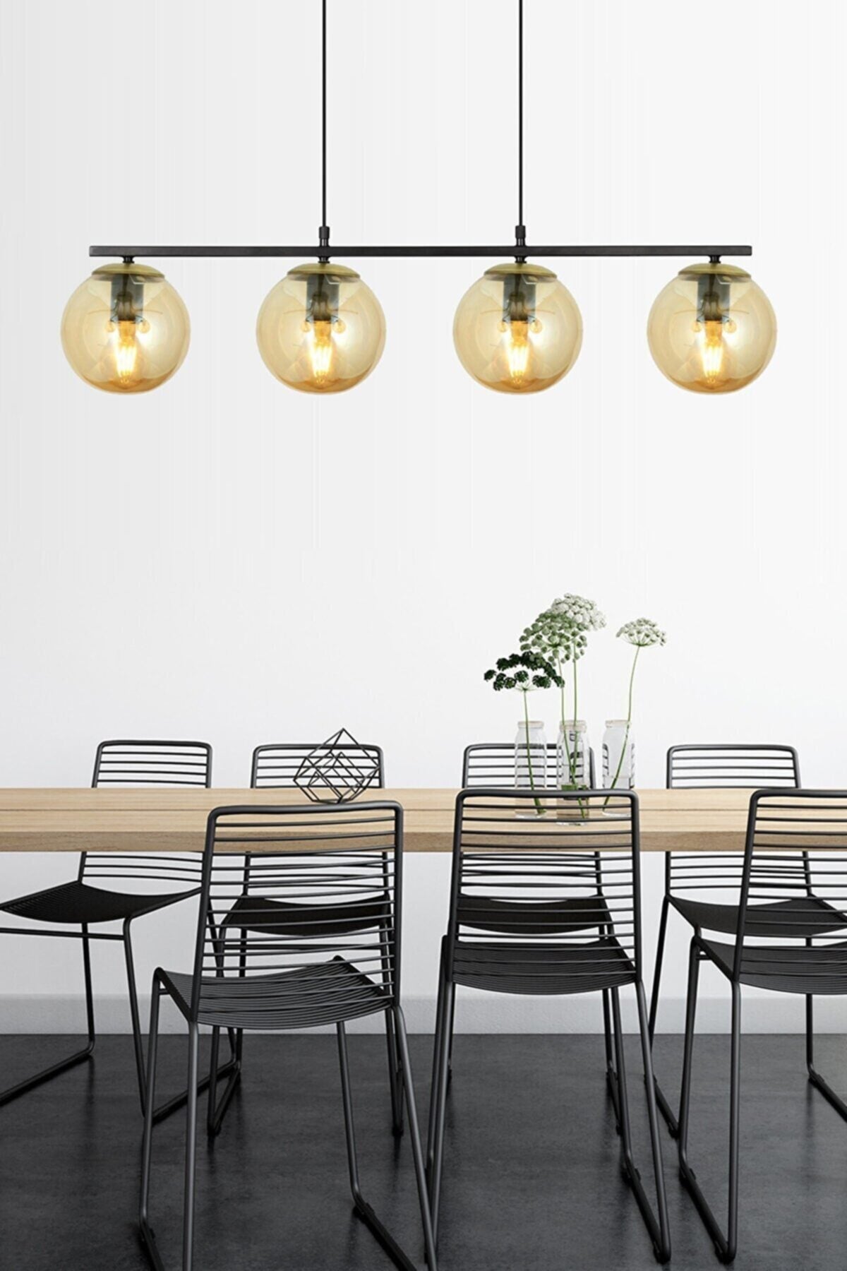 Sezar Black Color Balcam Transparent Globe Glass Modern Design Dining Table Above - Living Room 4-Piece Chandelier