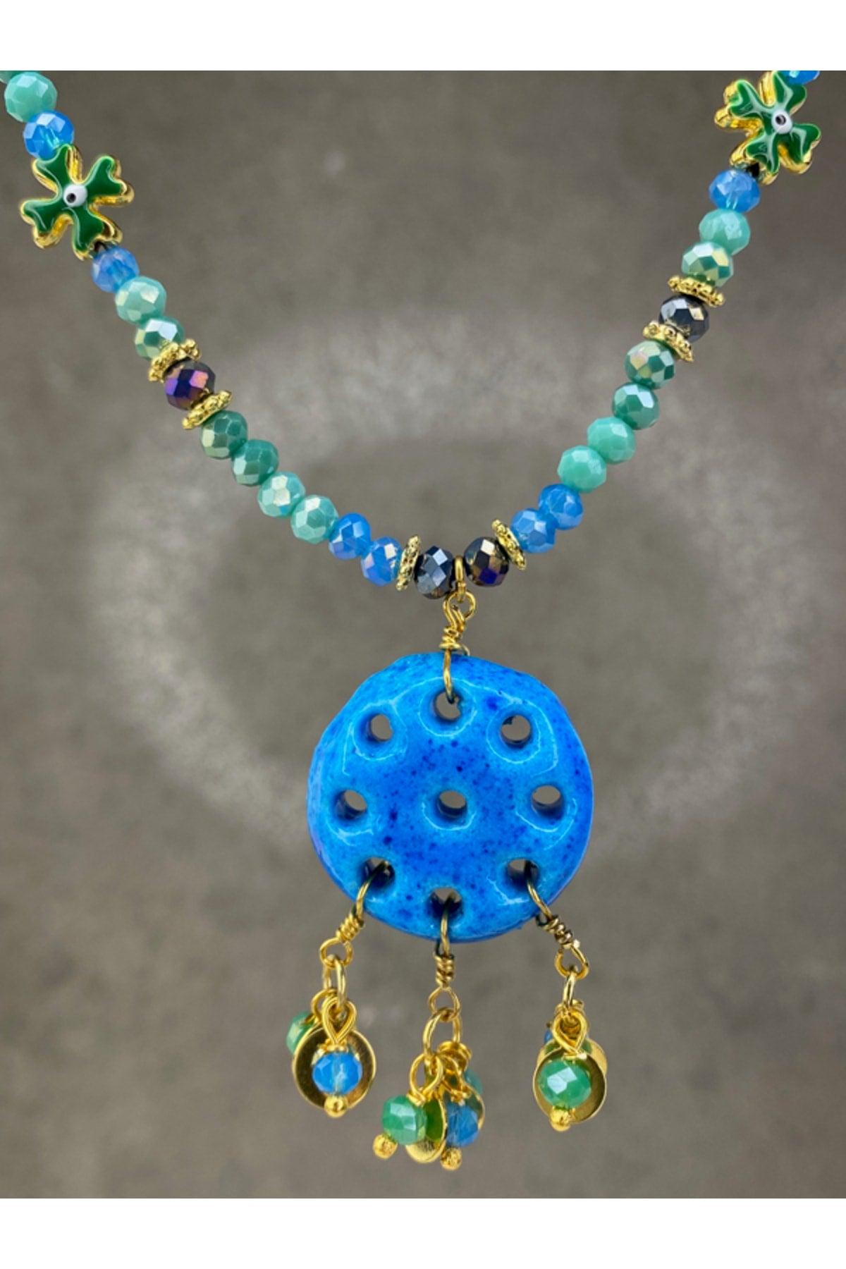 Assyrian Evil Eye Beaded Necklace with Clover - Swordslife