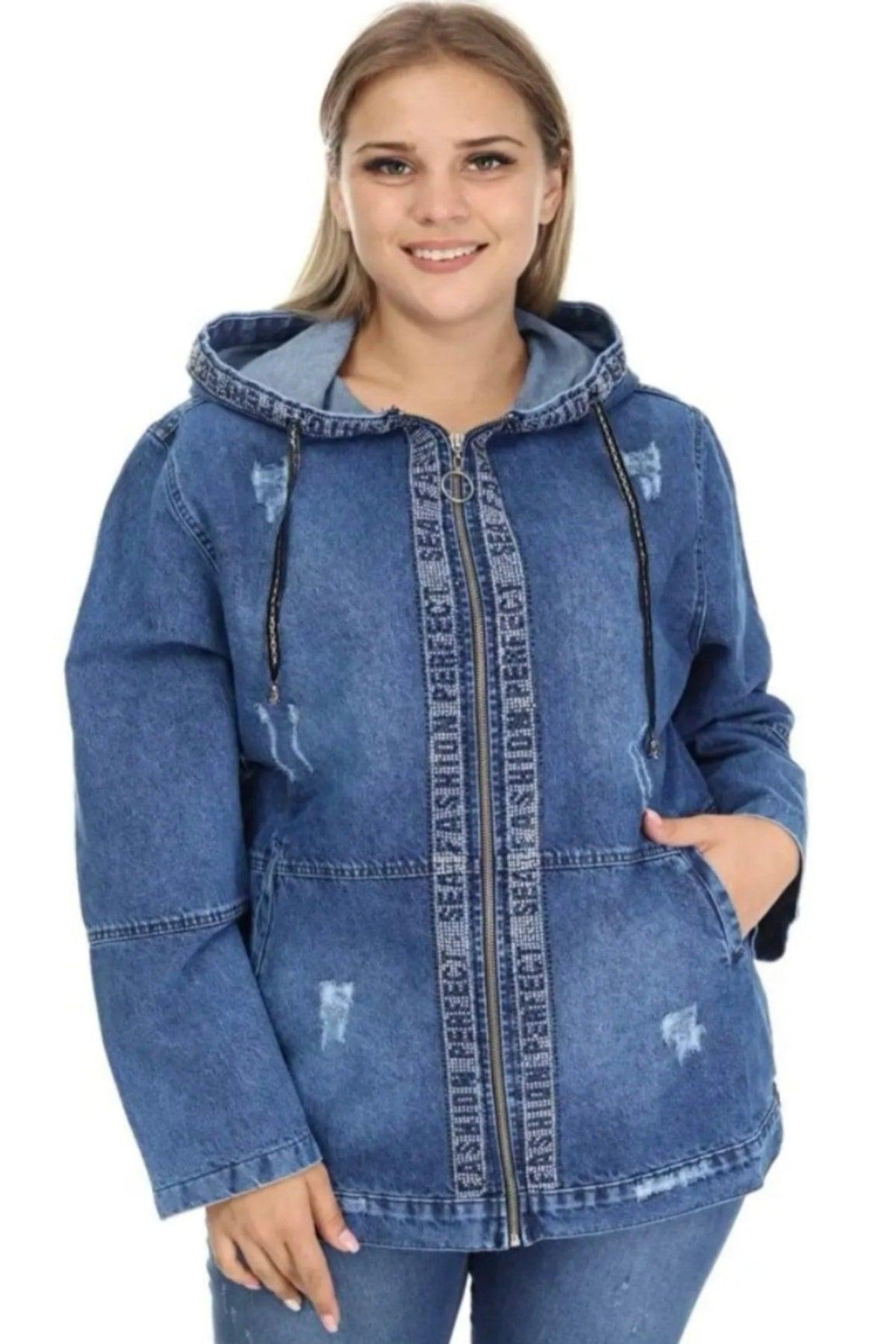 A86 Plus Size Hooded Denim Jacket With Pocket - Swordslife