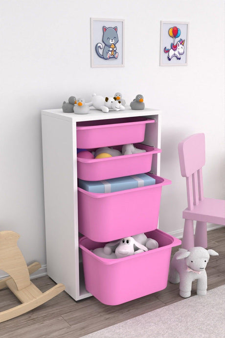 2 Large and 2 Small Toy Cabinets with Basket Kitchen Pantry Cabinet Pink - Swordslife