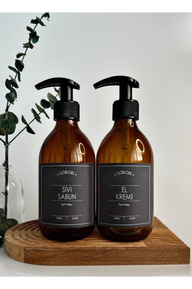 Set of 2 300ml Amber Brown Glass Bottle Liquid Soap & Hand Cream Black Label - Swordslife