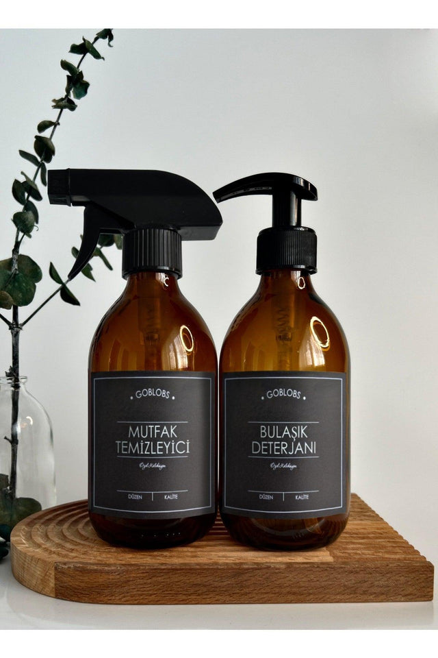 Set of 2 300ml Amber Brown Glass Bottle Spray Kitchen Cleaner & Dishwashing Liquid Black Label - Swordslife