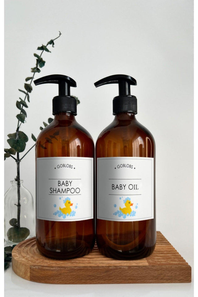 Set of 2 500ml Amber Brown Glass Bottle Baby Shampoo & Baby Oil with White Label - Swordslife