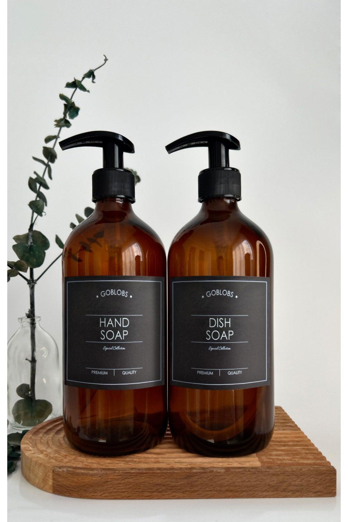 Set of 2 500ml Amber Brown Glass Bottle Hand Soap & Dish Soap Black Label - Swordslife