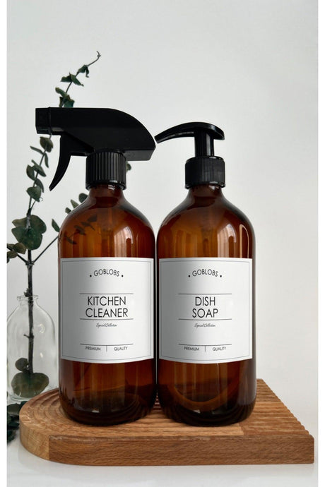 Set of 2 500ml Amber Brown Glass Bottle Kıtchen Cleaner Spray & Dish Soap White Label - Swordslife