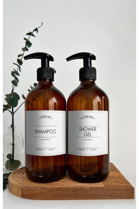 Set of 2 500ml Amber Brown Glass Bottle Shampoo & Shower Gel White Label - Swordslife