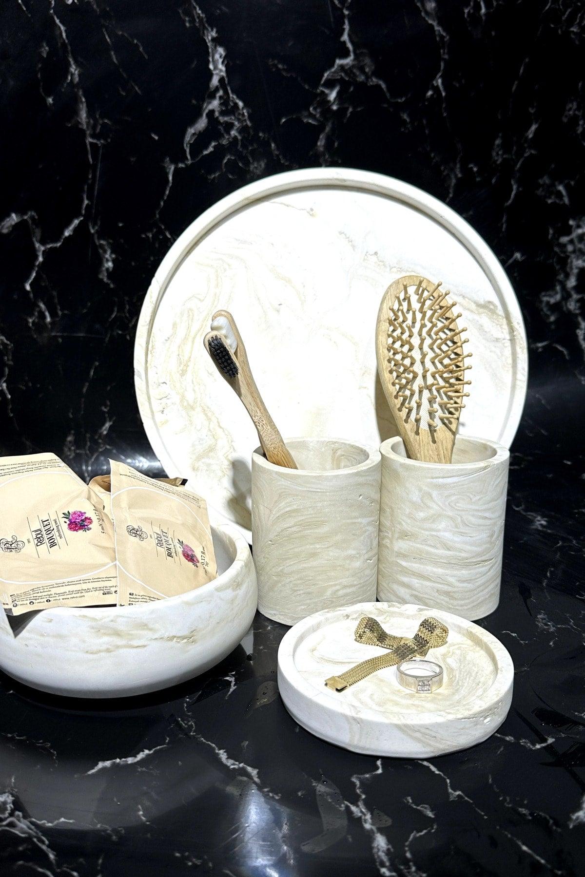 Beige Marble Pattern Concrete Bathroom Set Organizer Toothbrush Holder - Swordslife