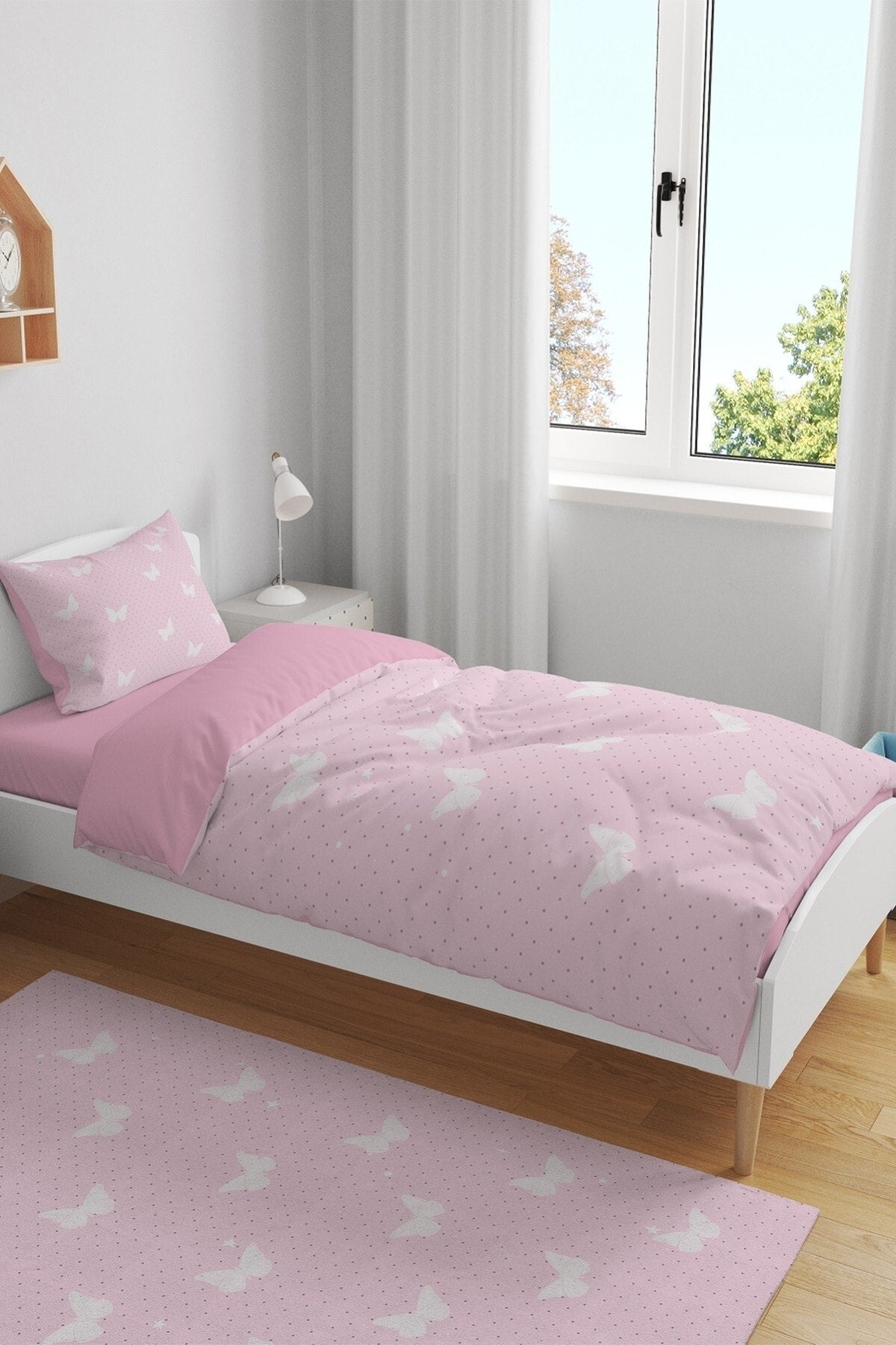 Pink Butterfly Patterned Single Baby Kids Duvet Cover Set