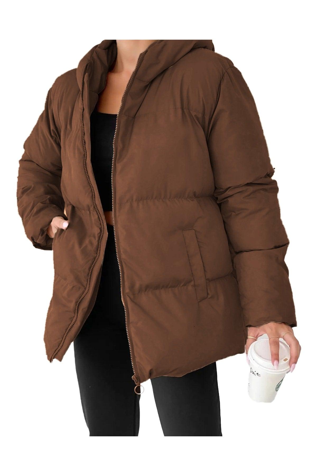 Women's Brown Hooded Inflatable Coat - Swordslife