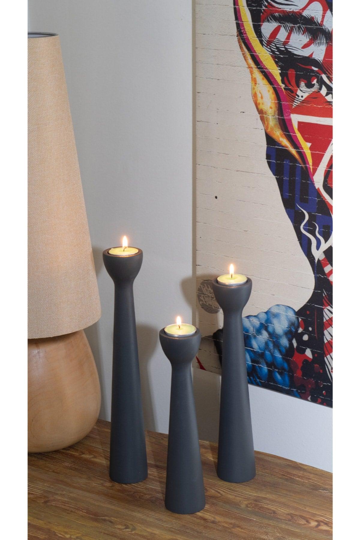 Wooden Decorative Anthracite Stylish Tealight Candle Holder Candlestick Modern Gift Set of 3 Quality Natural - Swordslife