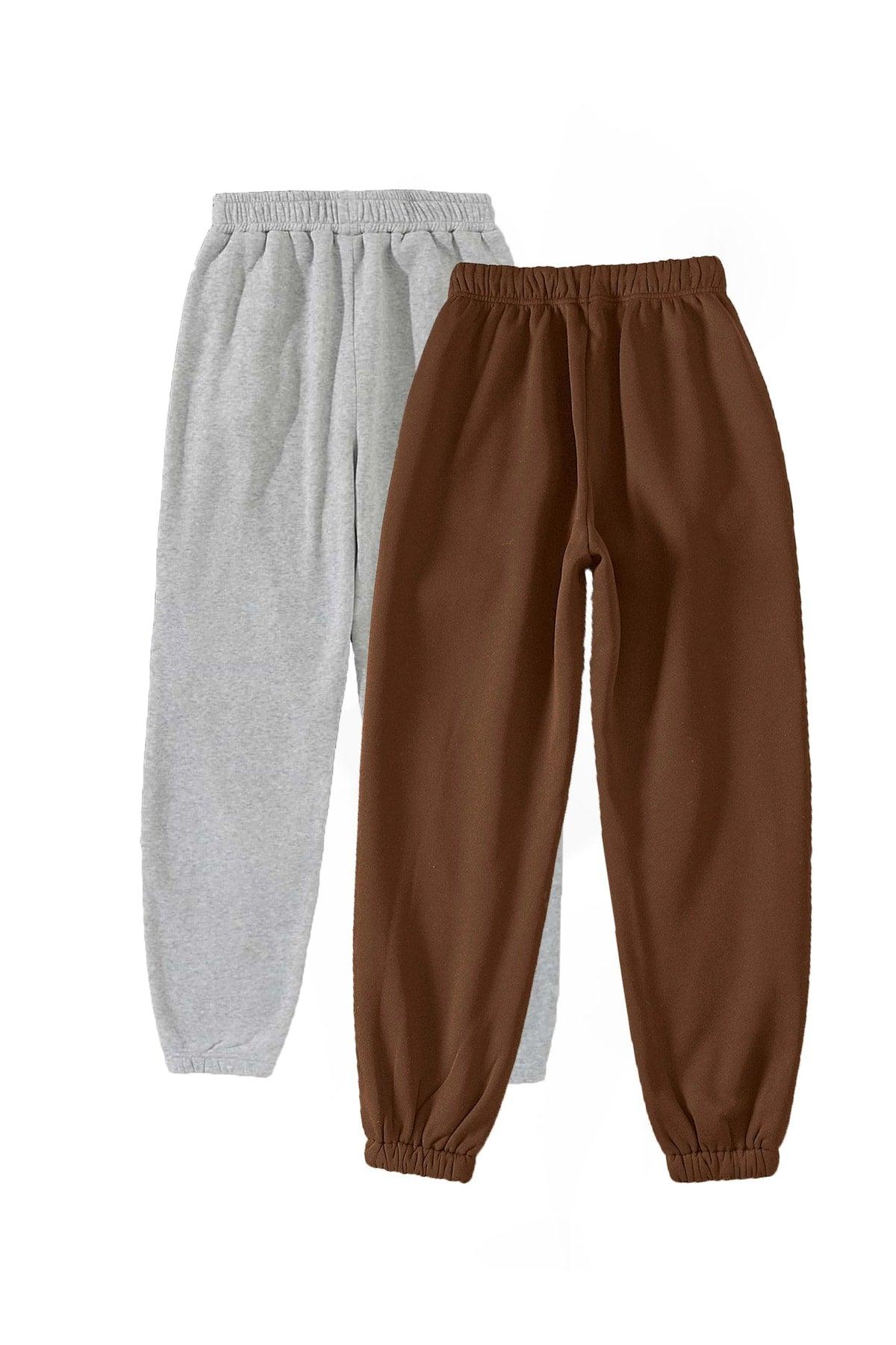 2-pack Jogger Sweatpants - Gray And Brown, Elastic Legs, High Waist Summer - Swordslife