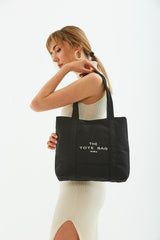 Black U46 Snap Closure Front Pocket Detailed Tote Bag Embroidered Canvas Women's Arm And Shoulder Bag U:30 E