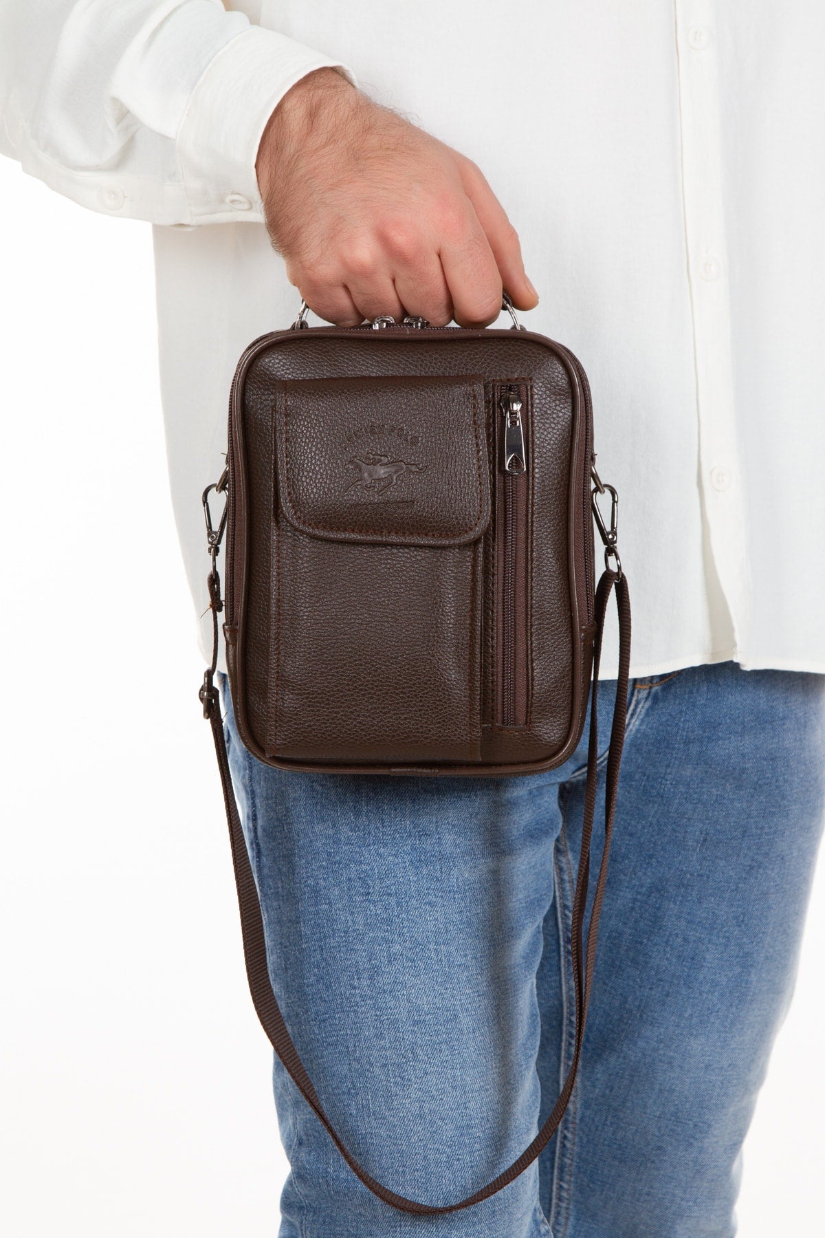 Dark Brown Leather Steel Case Hand And Shoulder Bag With Phone Compartment And Card Holder Wallet With Mechanism