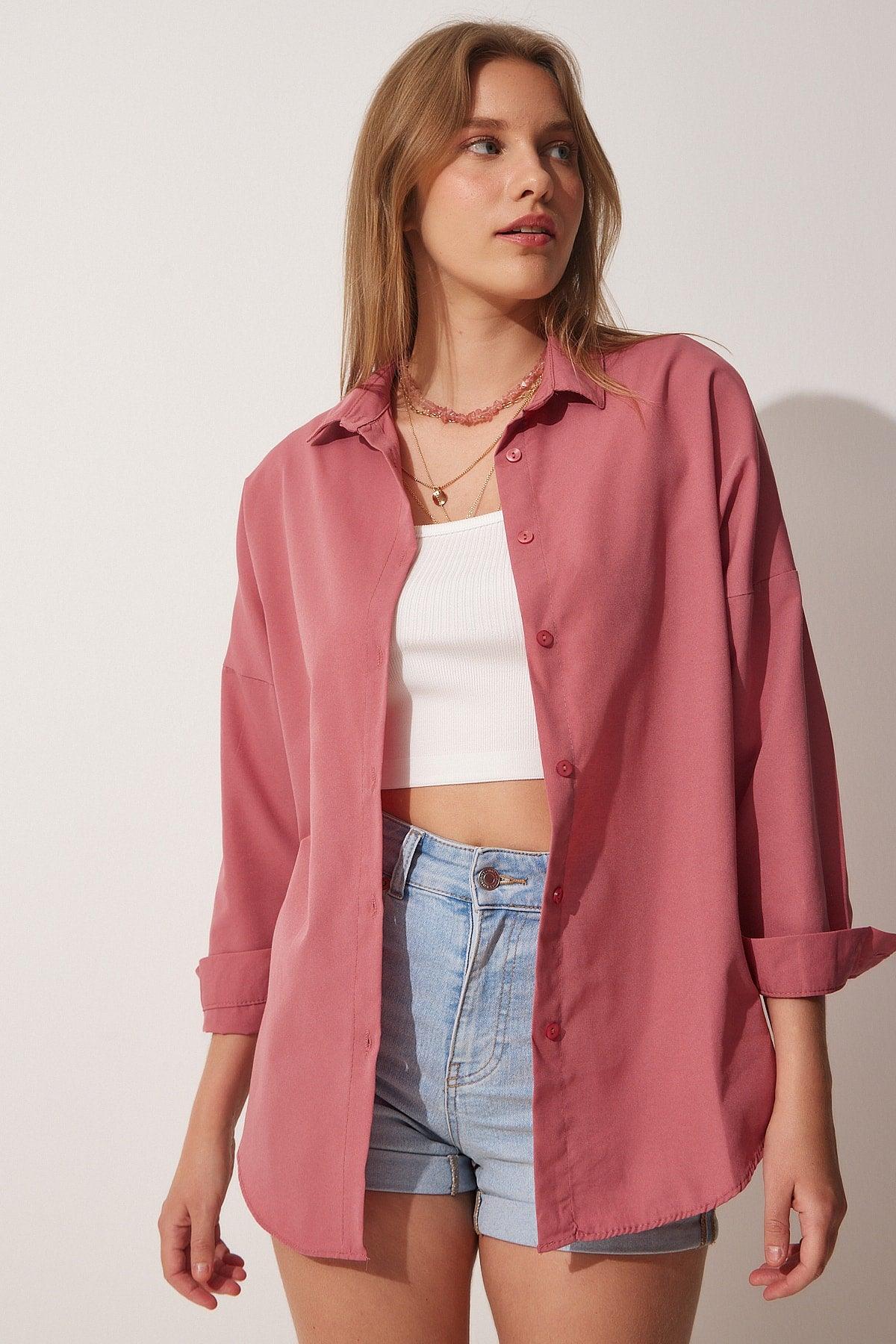 Women's Dark Rose Dry Oversize Long Basic Shirt DD00842 - Swordslife