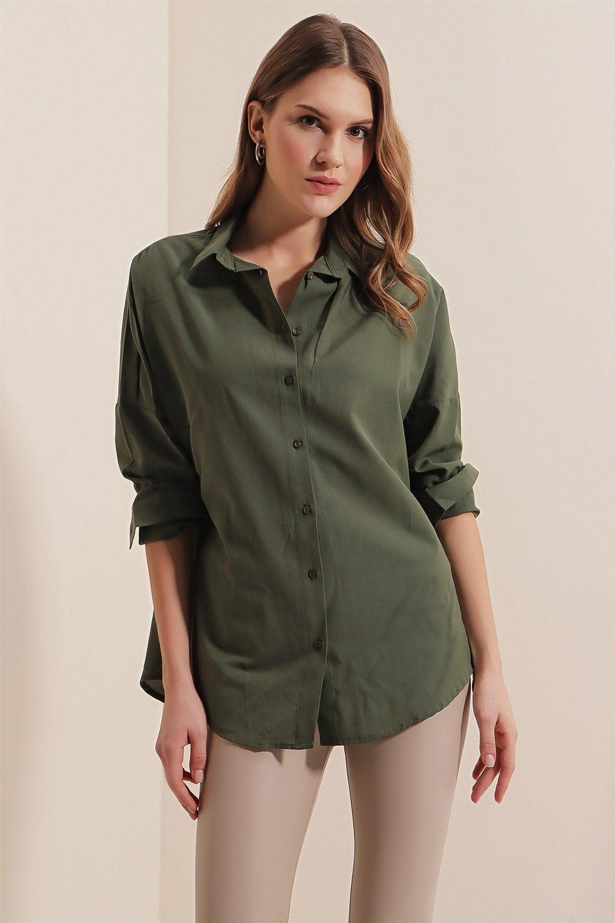 3900 Oversize Long Basic Shirt - Dark Khaki - Swordslife