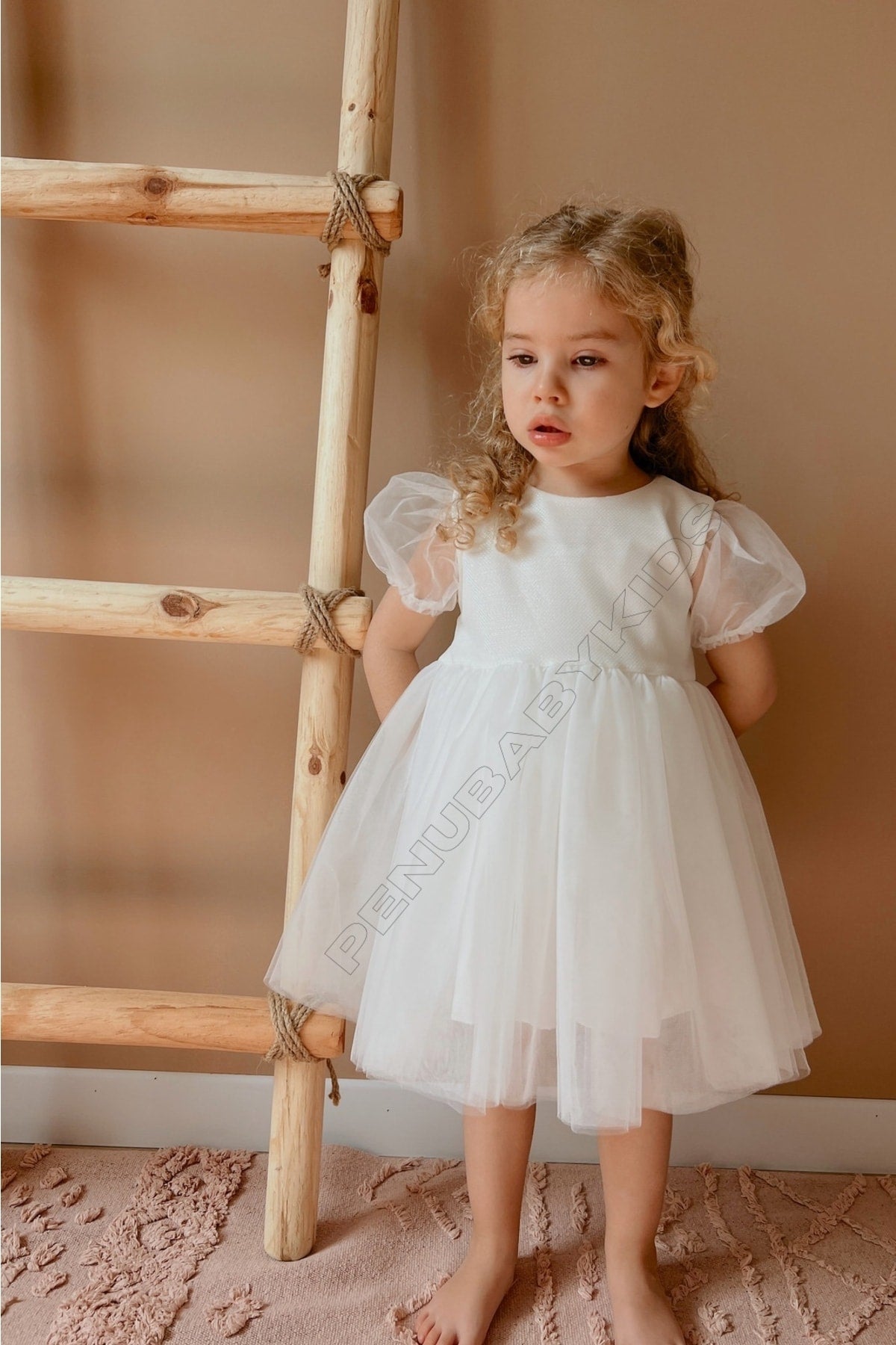 White Short Balloon Tulle Sleeve Detailed Tulle Baby Girl Dress - Cinderella