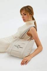 Cream U46 Snap Closure Front Pocket Detailed Tote Bag Embroidered Canvas Women's Arm And Shoulder Bag U:30 E: