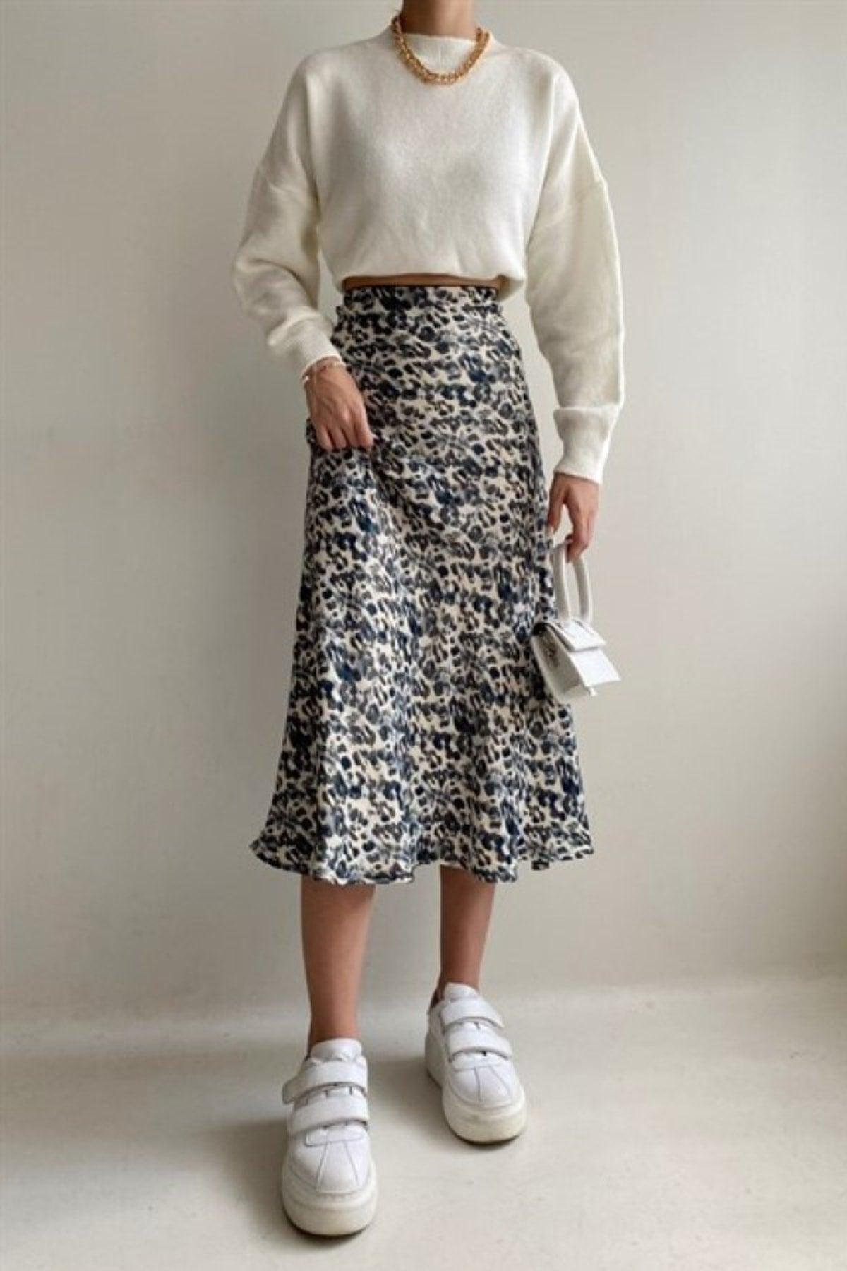 Patterned Mix Color Satin Midi Skirt - Swordslife