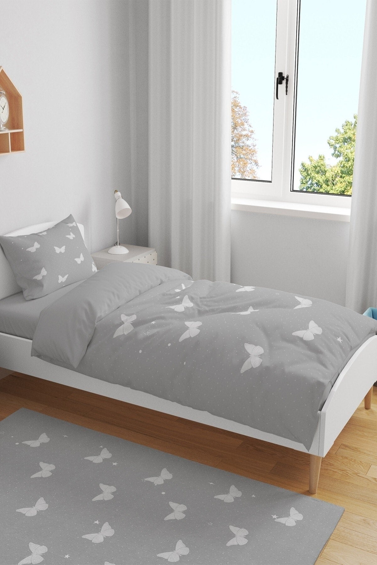 Gray Butterfly Patterned Single Baby Kids Duvet Cover Set