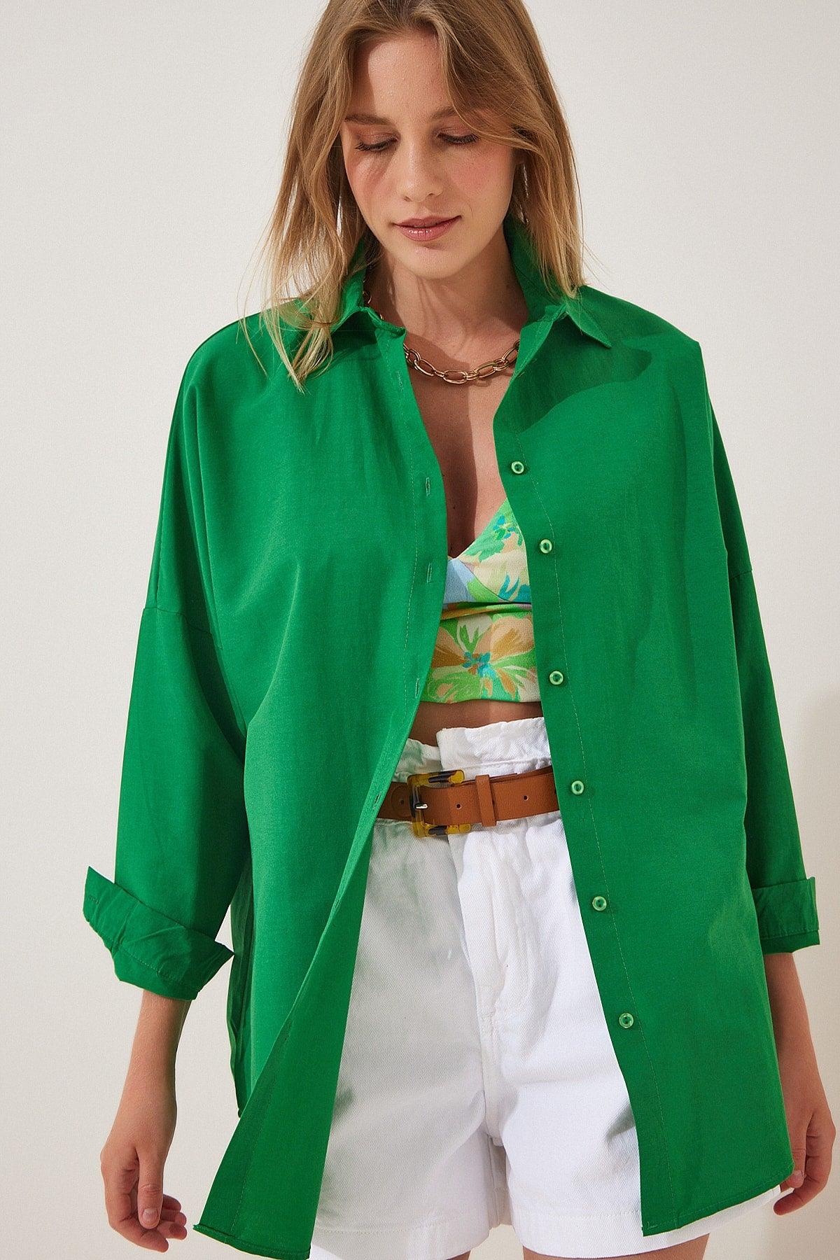 Women's Vivid Green Oversize Long Basic Shirt DD00842 - Swordslife