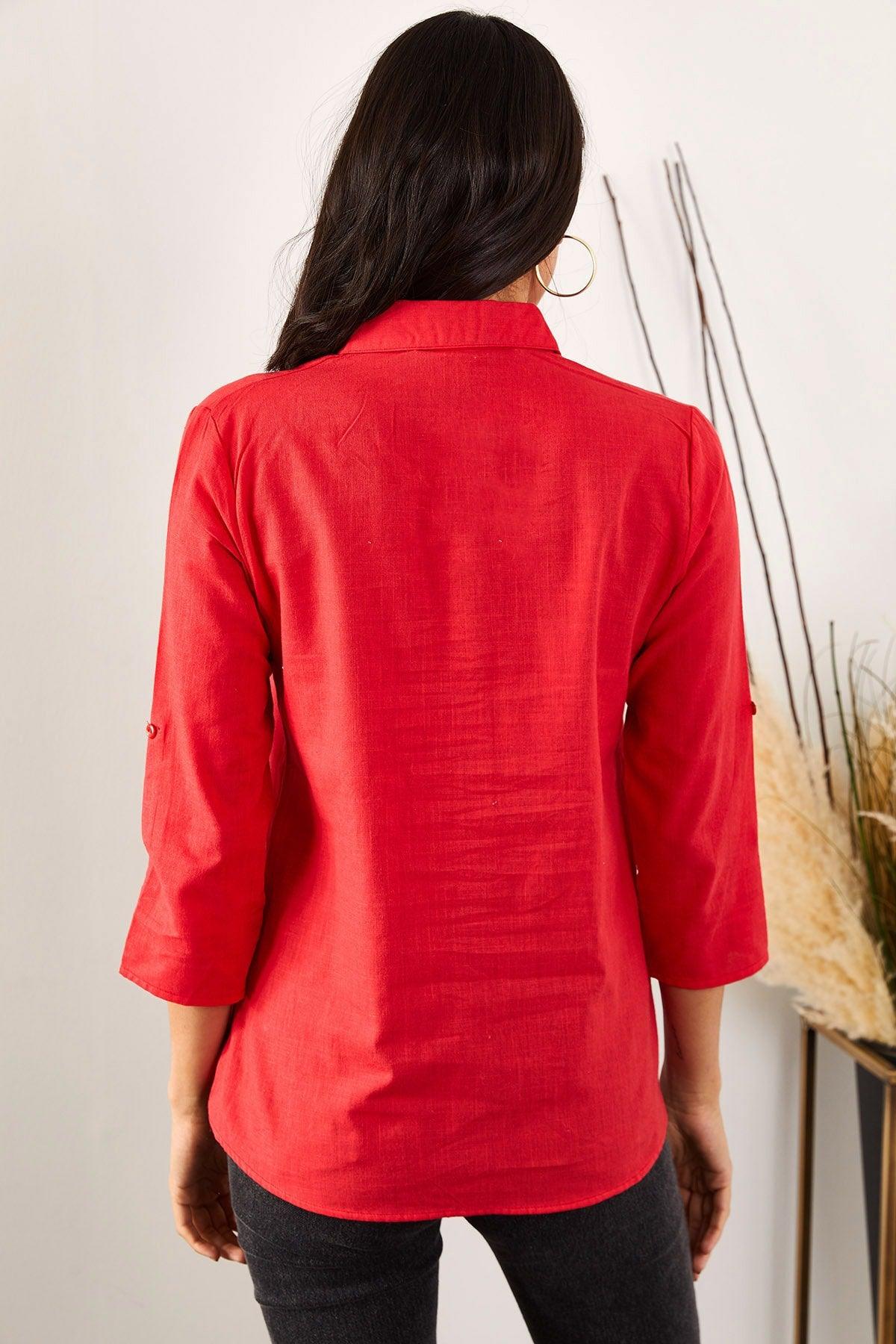 Women's Red Sleeve Fold Linen Shirt - Swordslife