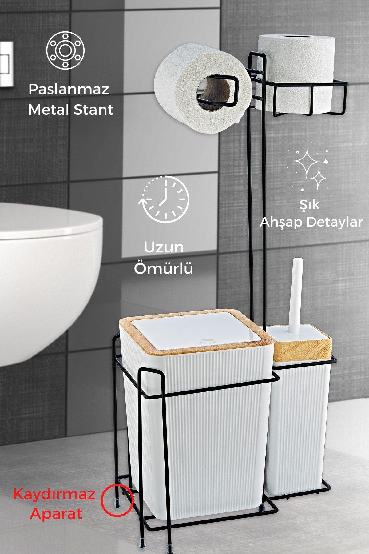 Wooden Coated Luxury Bathroom Set with Metal Stand - Dustbin, Wc Brush and Wc Paper Holder - Swordslife