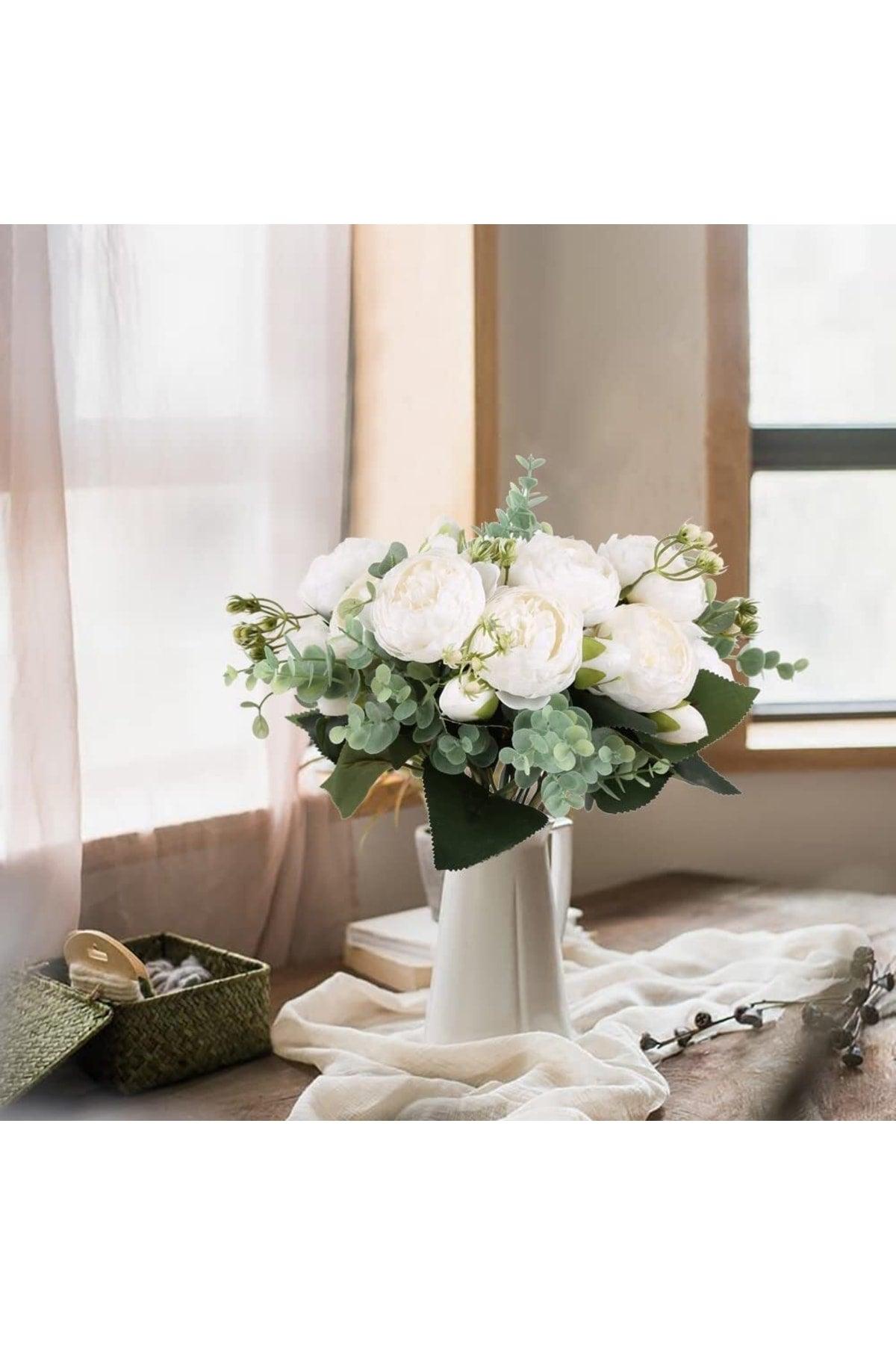 Artificial Flower White 6 Ball Peony Bundle Eucalyptus And Gypsum Erengül - Swordslife