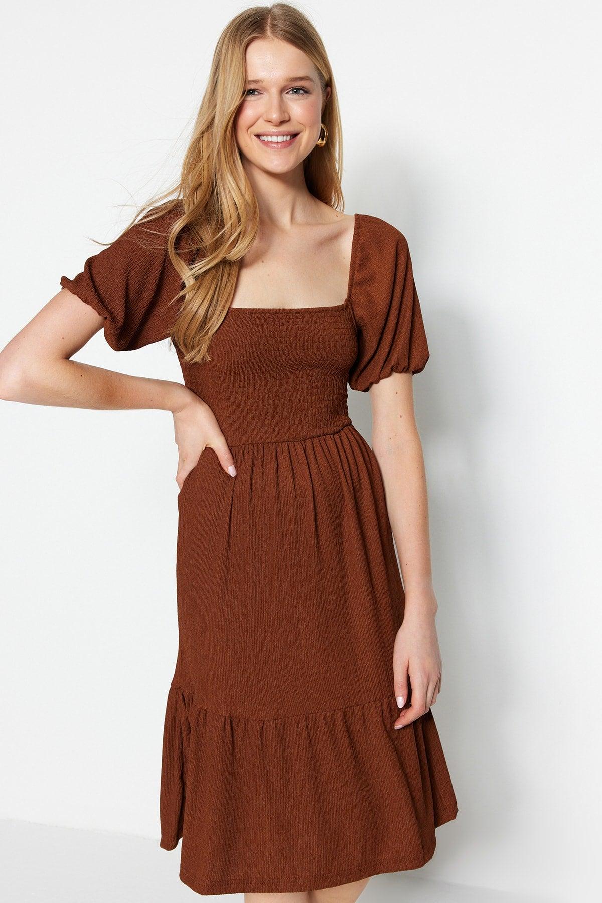 Brown Waist Drop/Skater Square Neck Balloon Sleeve Midi Crepe Knitted Dress TWOSS22EL1088 - Swordslife