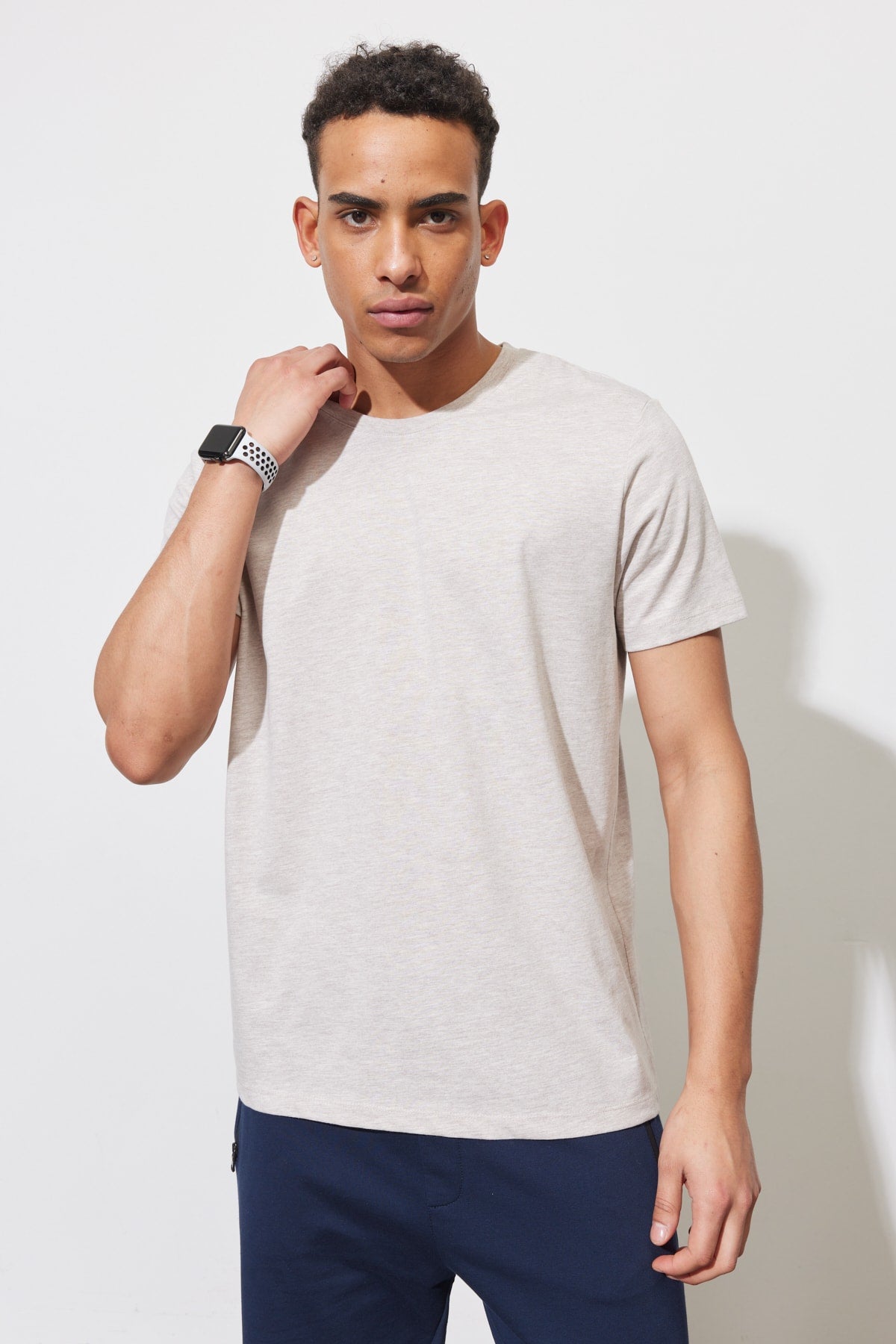 Men's Beige Melange Cotton Slim Fit Slim Fit Crew Neck Short Sleeved T-Shirt