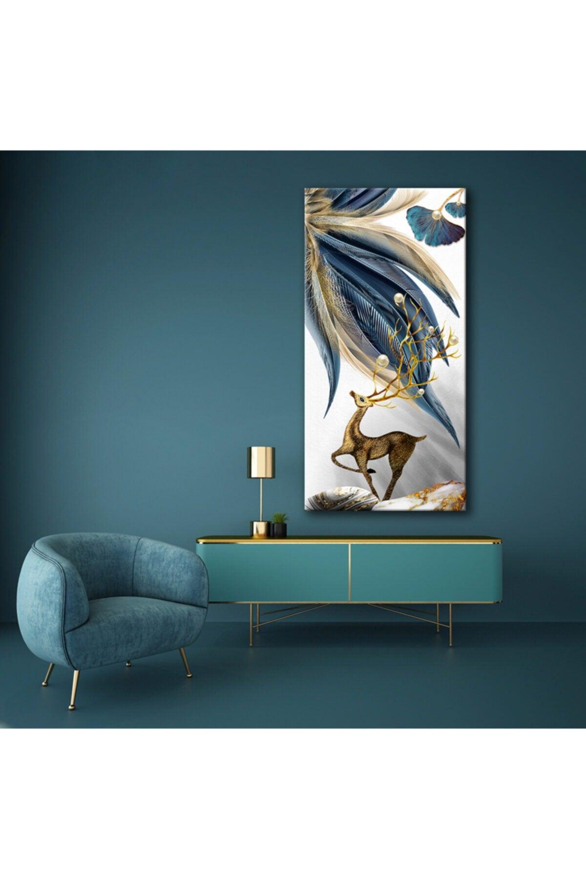 Decorative Bird Feathers And Gold Deer Canvas Painting - Voov329 - Swordslife