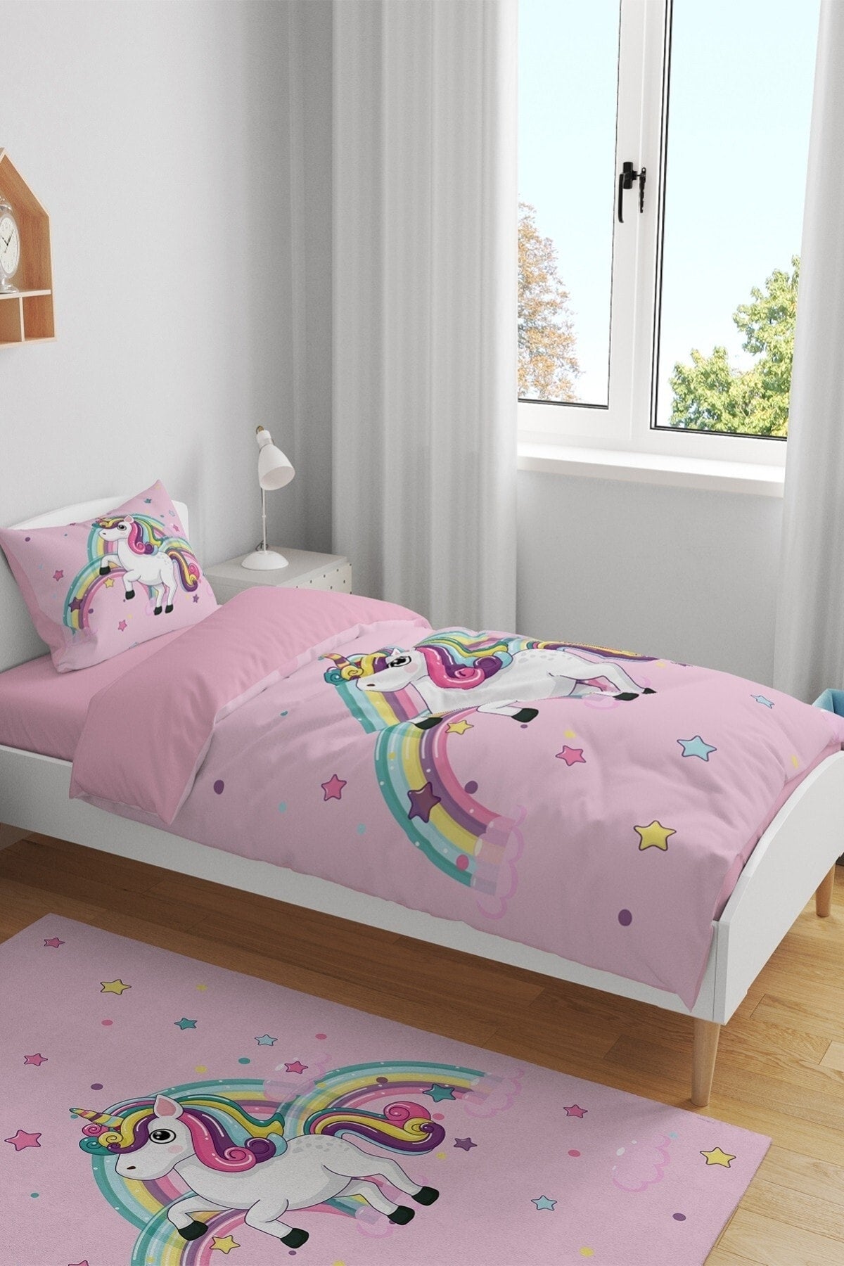 Pink Unicorn Patterned Single Baby Kids Duvet Cover Set