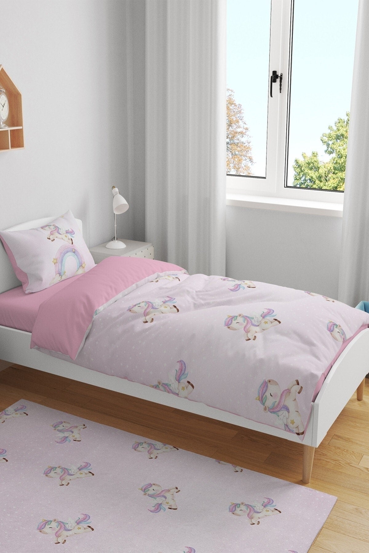 Pink Poncik Unicorn Patterned Single Baby Kids Duvet Cover Set