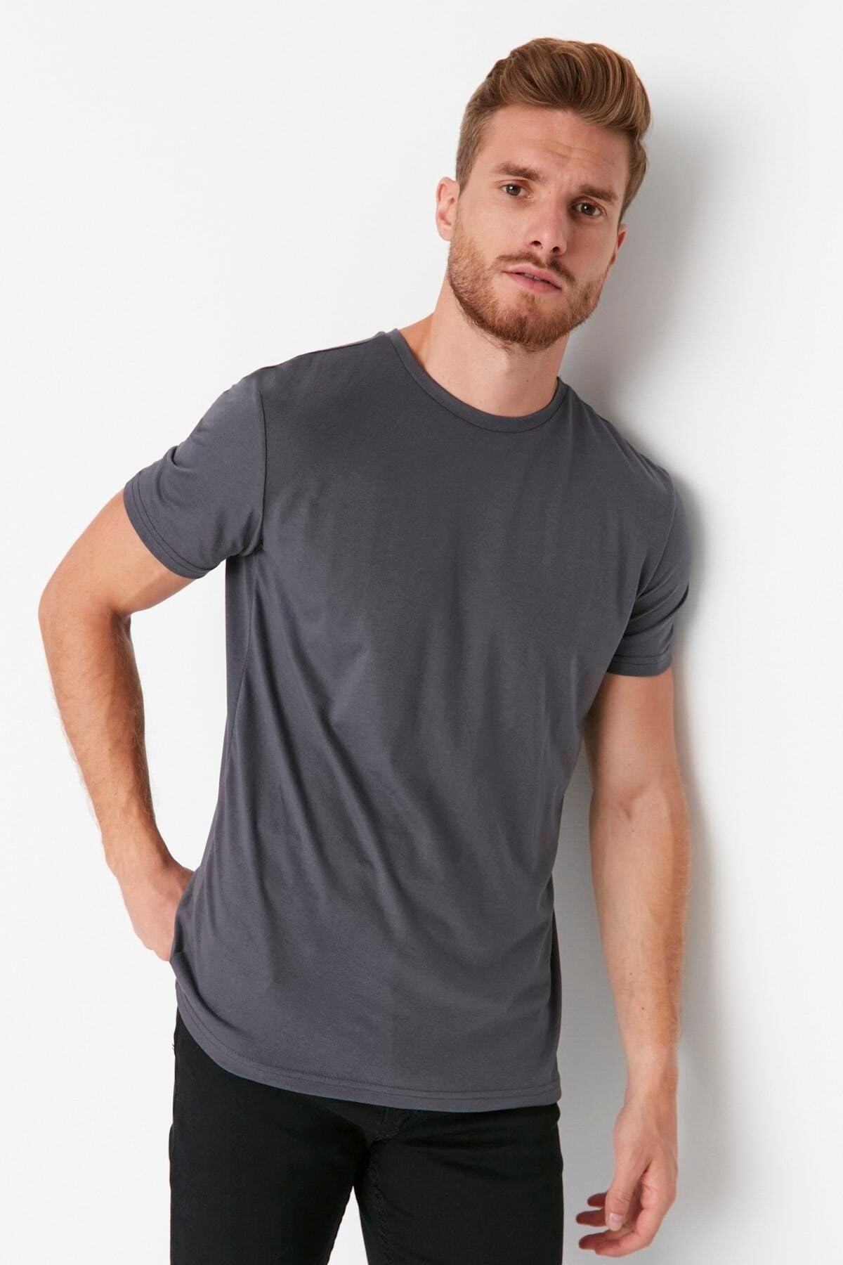 Anthracite Men's Basic Regular/Normal Cut Crew Neck Short Sleeved T-Shirt