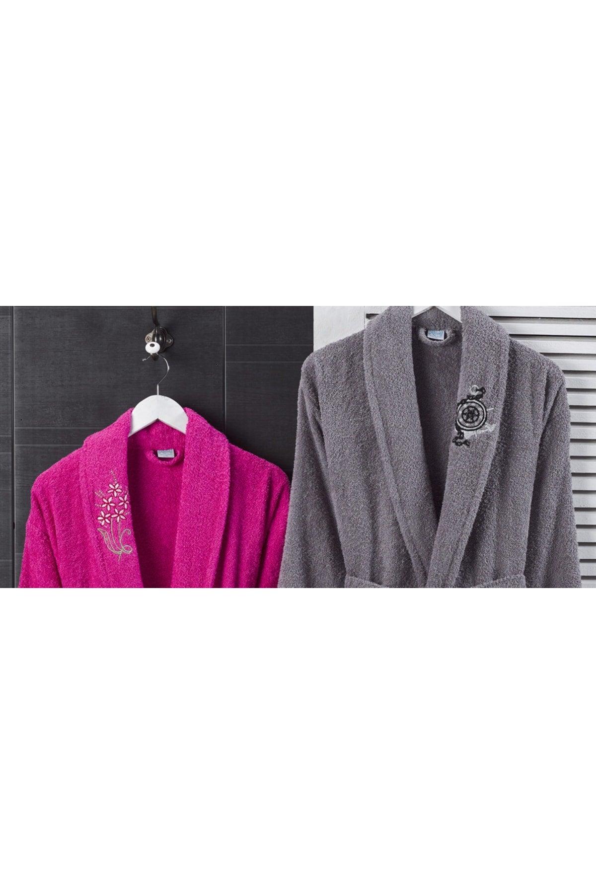 100% Cotton Embroidered 4-Piece Family Bathrobe Set | Bathrobe Set | Dowry Set | Fuchsia | Anthracite - Swordslife